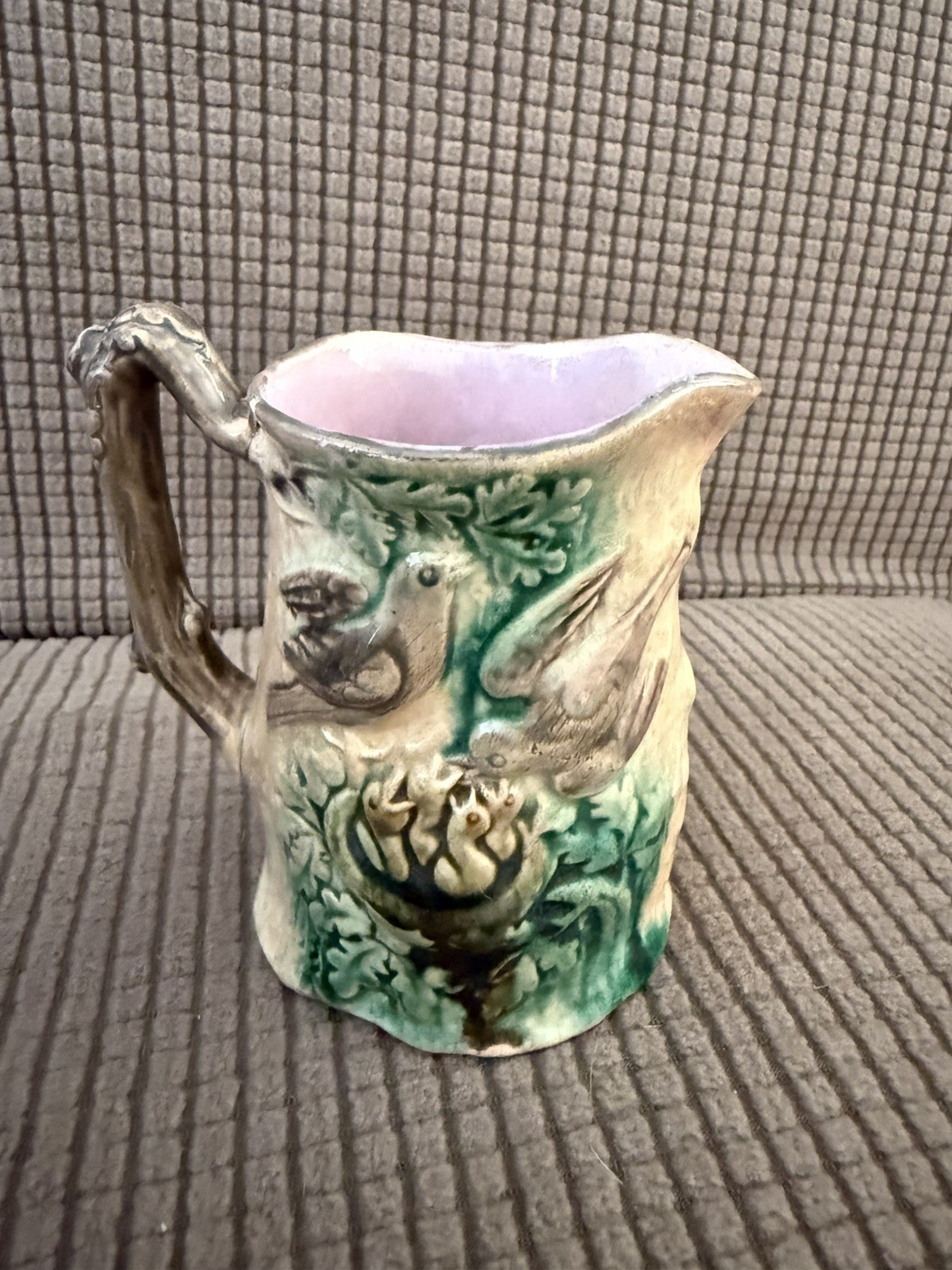 Antique Majoliea Hand Painted Bird Nest Tree Branch Pitcher. Beautiful 4X4 in. 