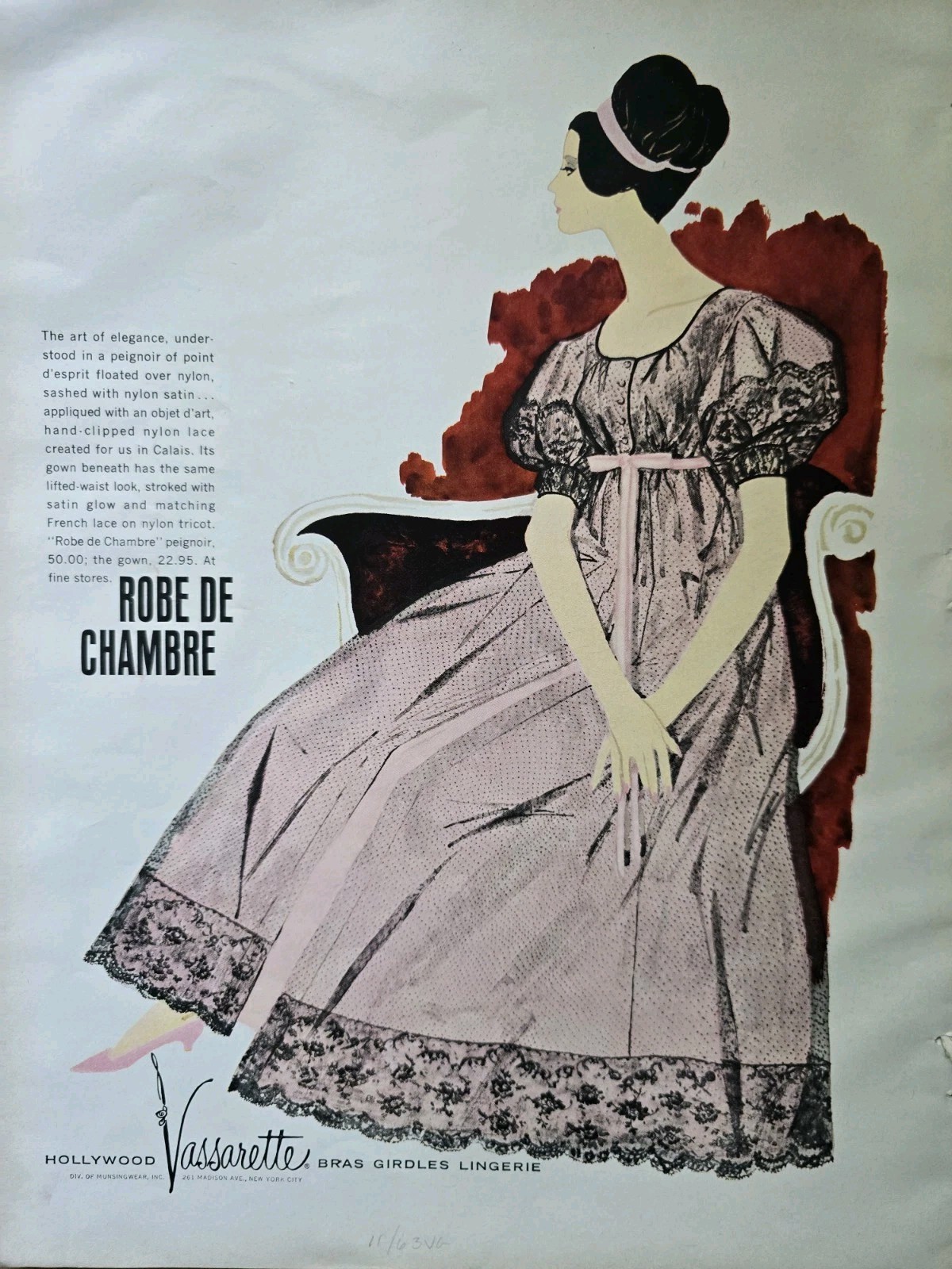 1963 Women\'s Hollywood Vassarette Robe Chambre Black Lace Lingerie Vintage ad 