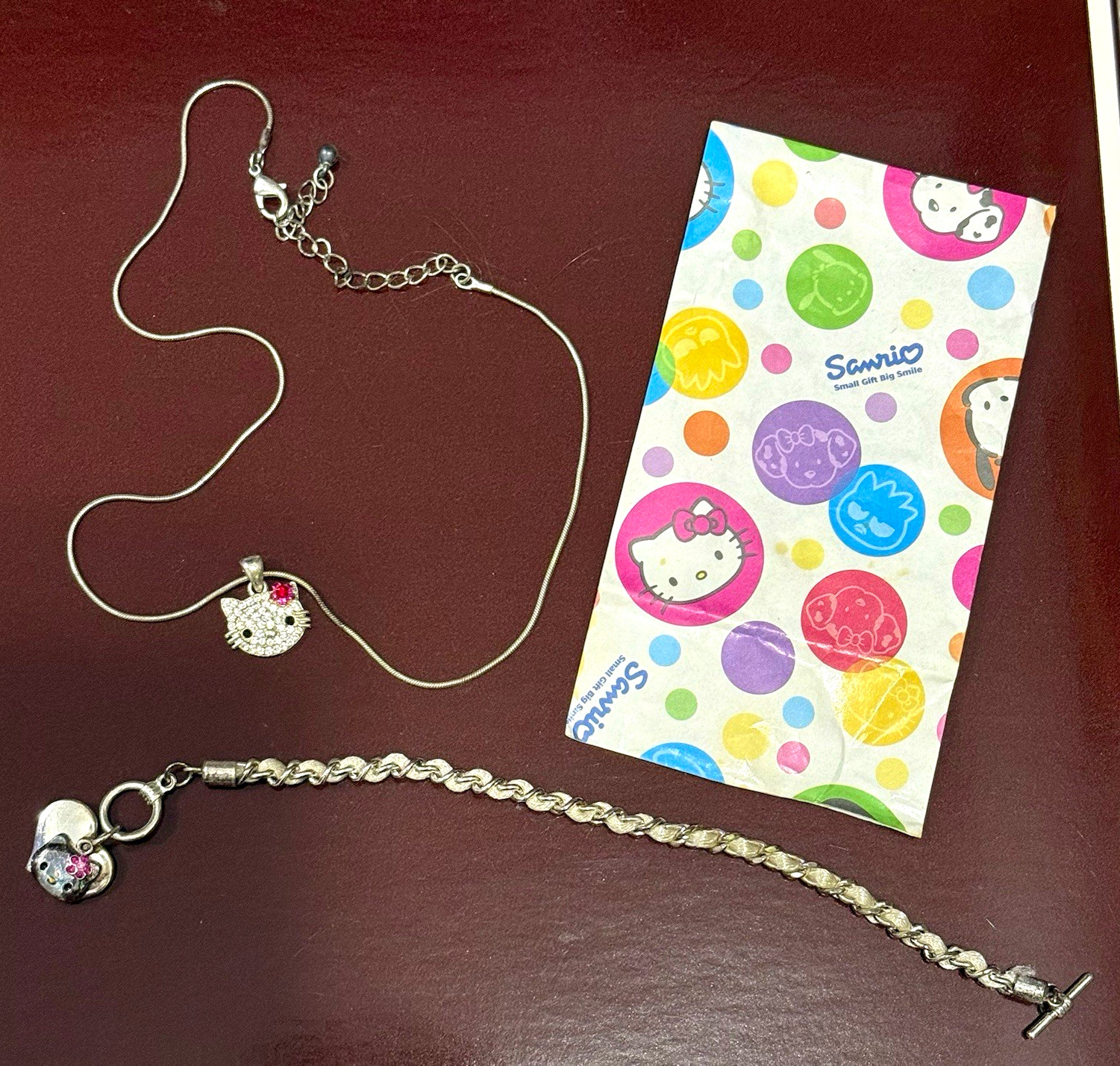 Vintage Y2K  Hello Kitty Silver Rhinestone Avon Necklace Bracelet Jewelry Set