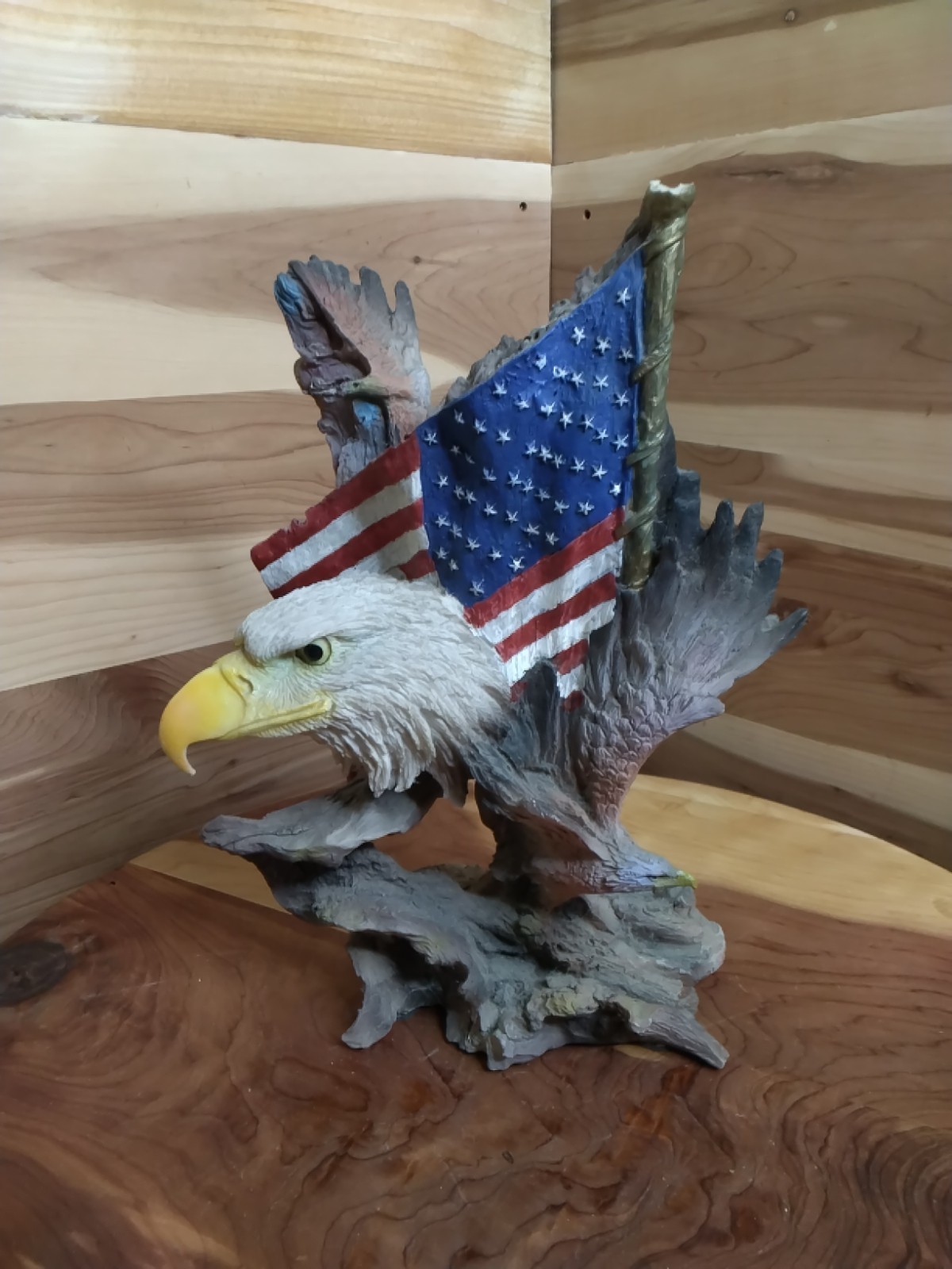 Ebros Gift Patriotic Bald Eagle American Flag Figurine  Resin Rustic Sculpture  