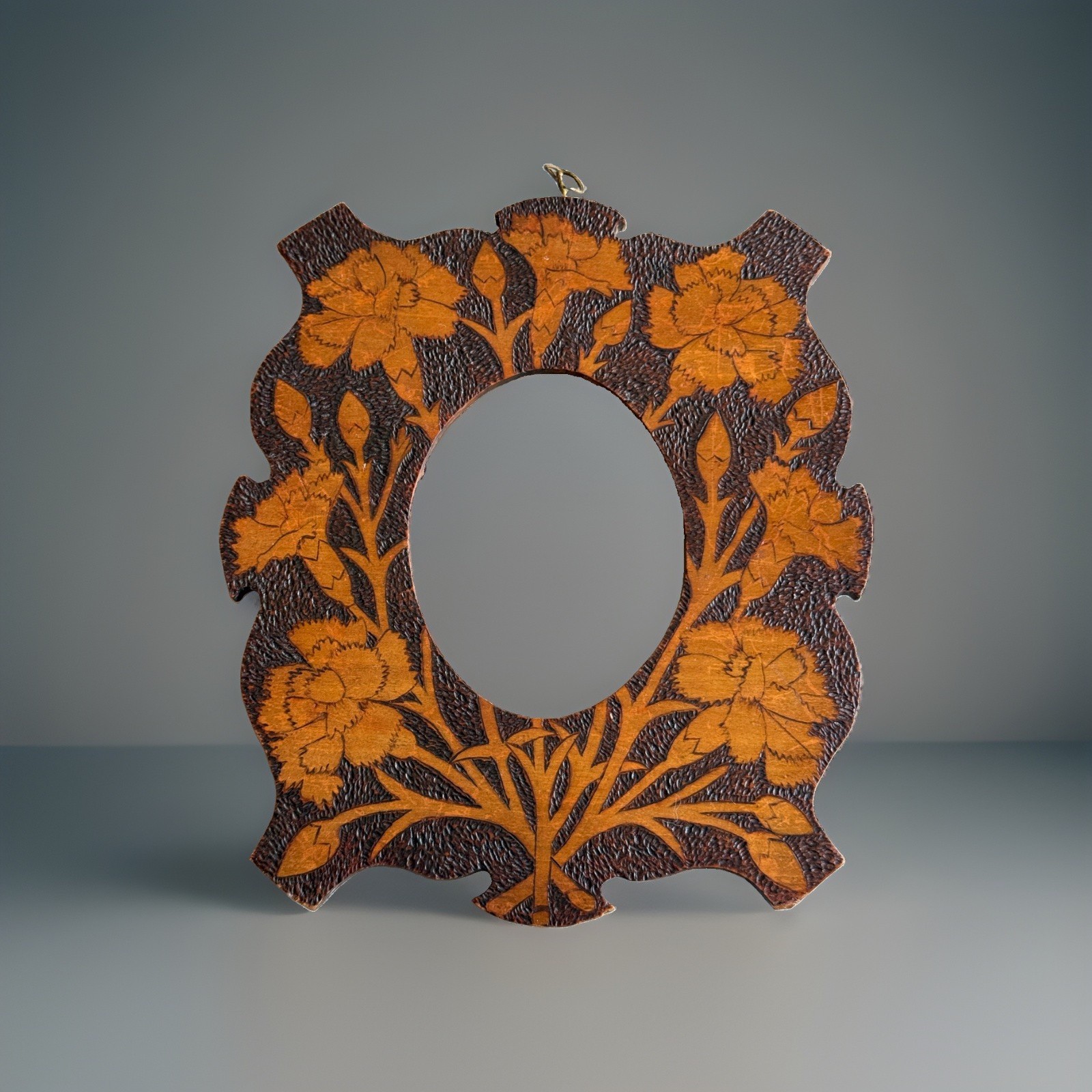 Antique Art Nouveau Pyrography Hanging Photo Frame, Dianthus 9” C1890