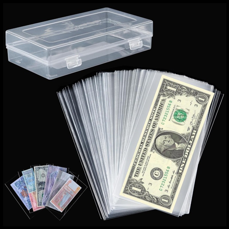 100 Pack Dollar Bill Holder Clear Rigid Sideload Currency Sleeves + Storage Case