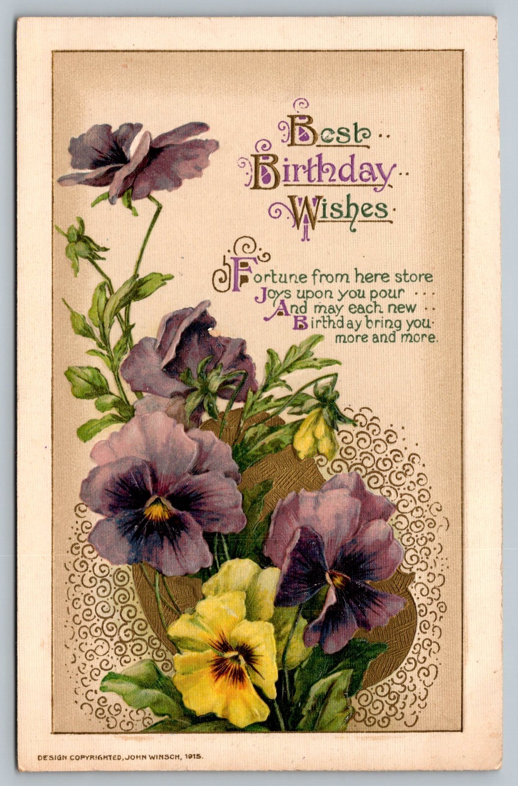 Postcard John Winsch Artist Signed Best Birthday Wishes Flowers c 1915 Embossed