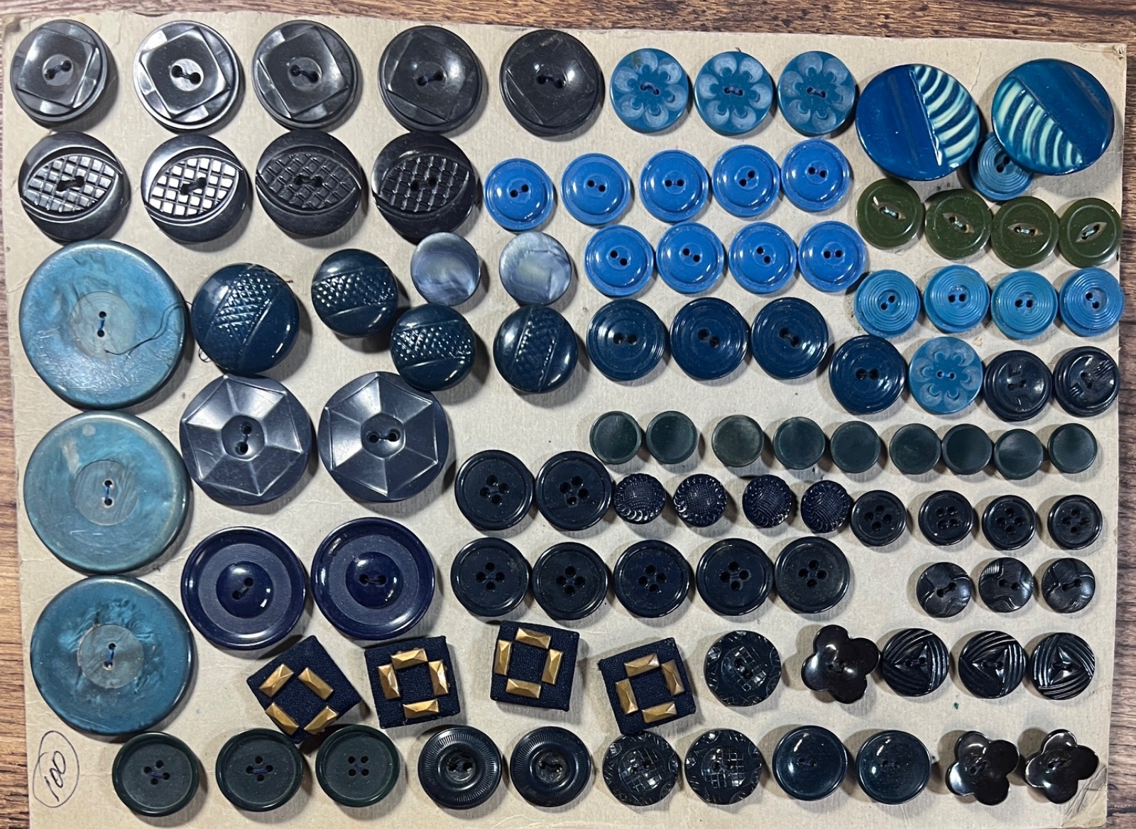 Antique Vtg Blue Black Bakelite Early Plastic Buttons Lot of 100 9/16\
