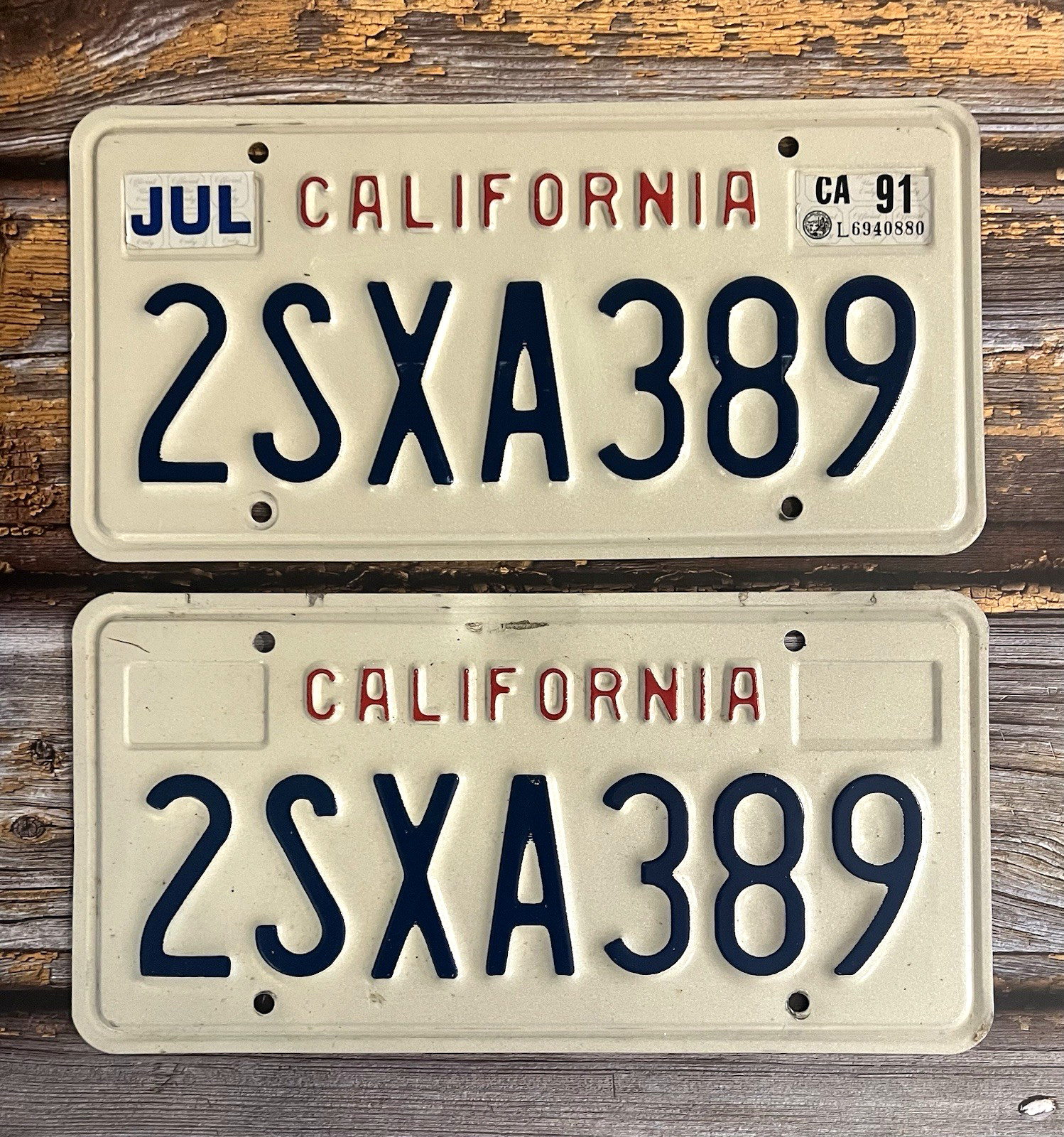1991 California Automobile License Plate Matched Pair / Set 2SXA389