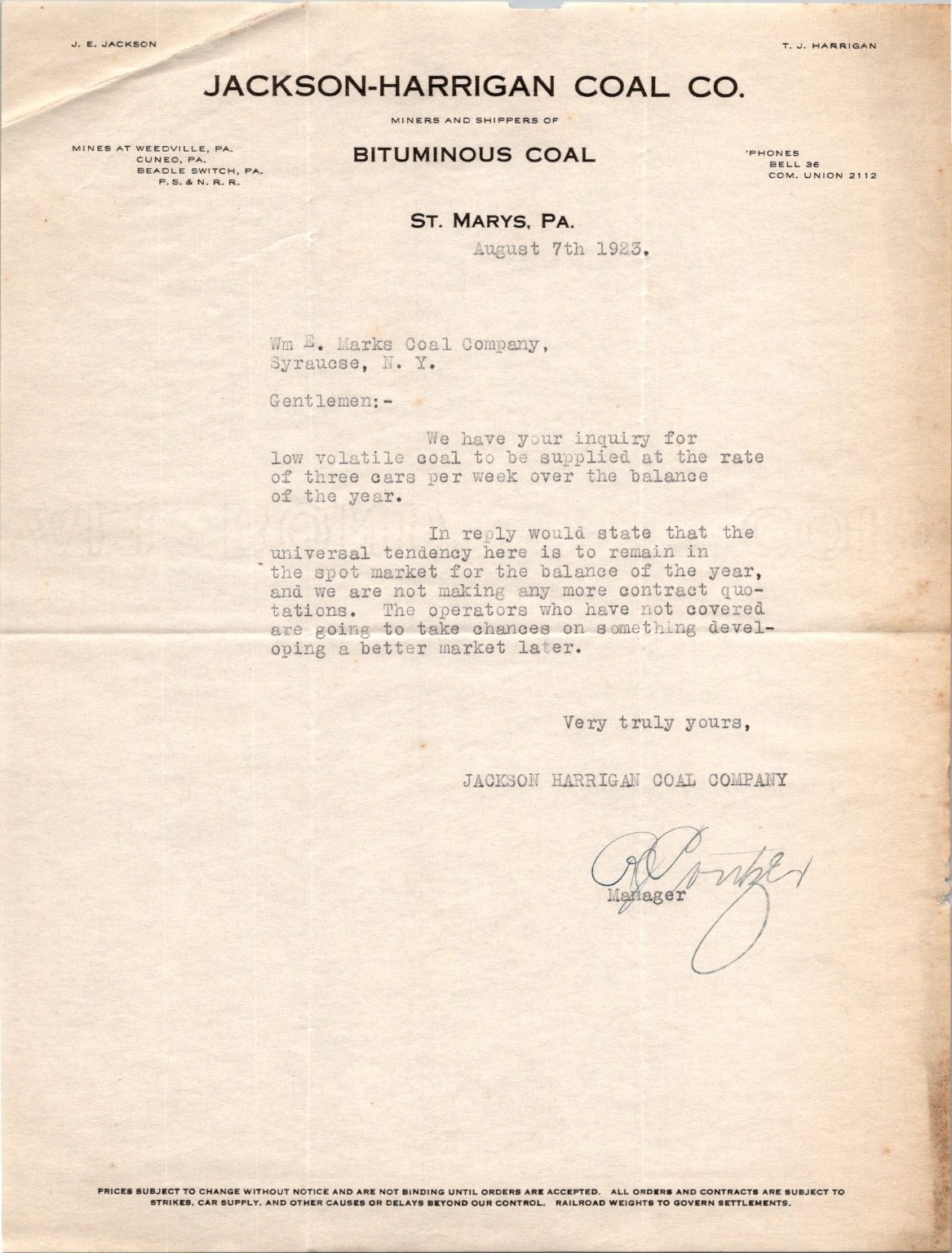 1923 Jackson-Harrigan Coal Co. Letter Pennsylvania Bituminous Mining History 1923 Jackson-Harrigan Coal Co. Letter Pennsylvania Bituminous Mining History