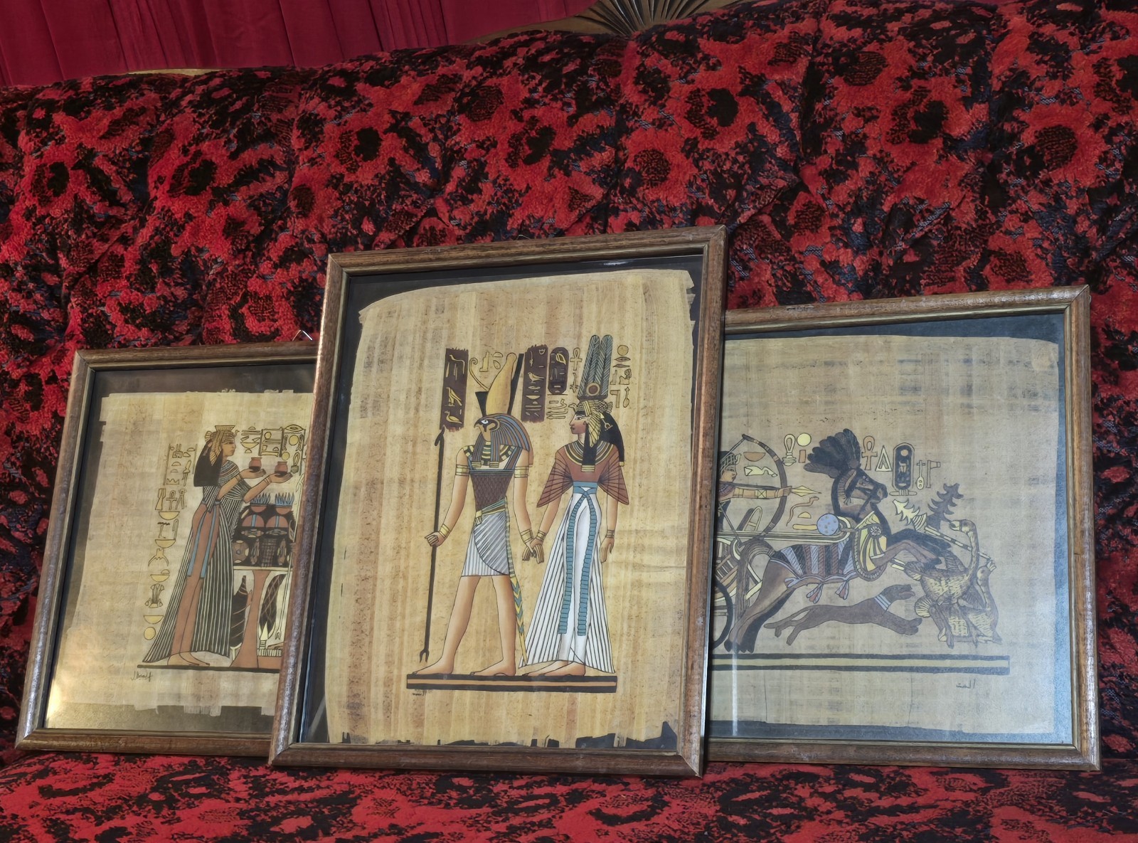 Vintage Egyptian Painting on Papyrus Paper Framed Remake Prints, Set Of 3