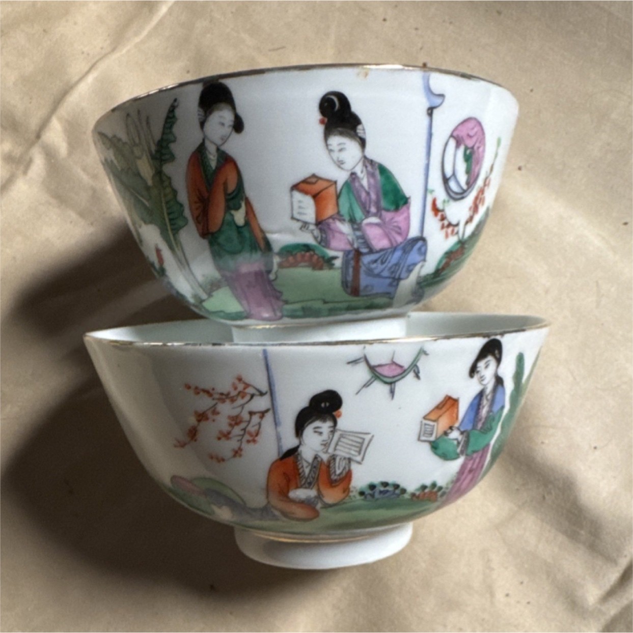 Chinese Porcelain Bowls Hand Painted Figures Calligraphy Marked CHINA 4.5