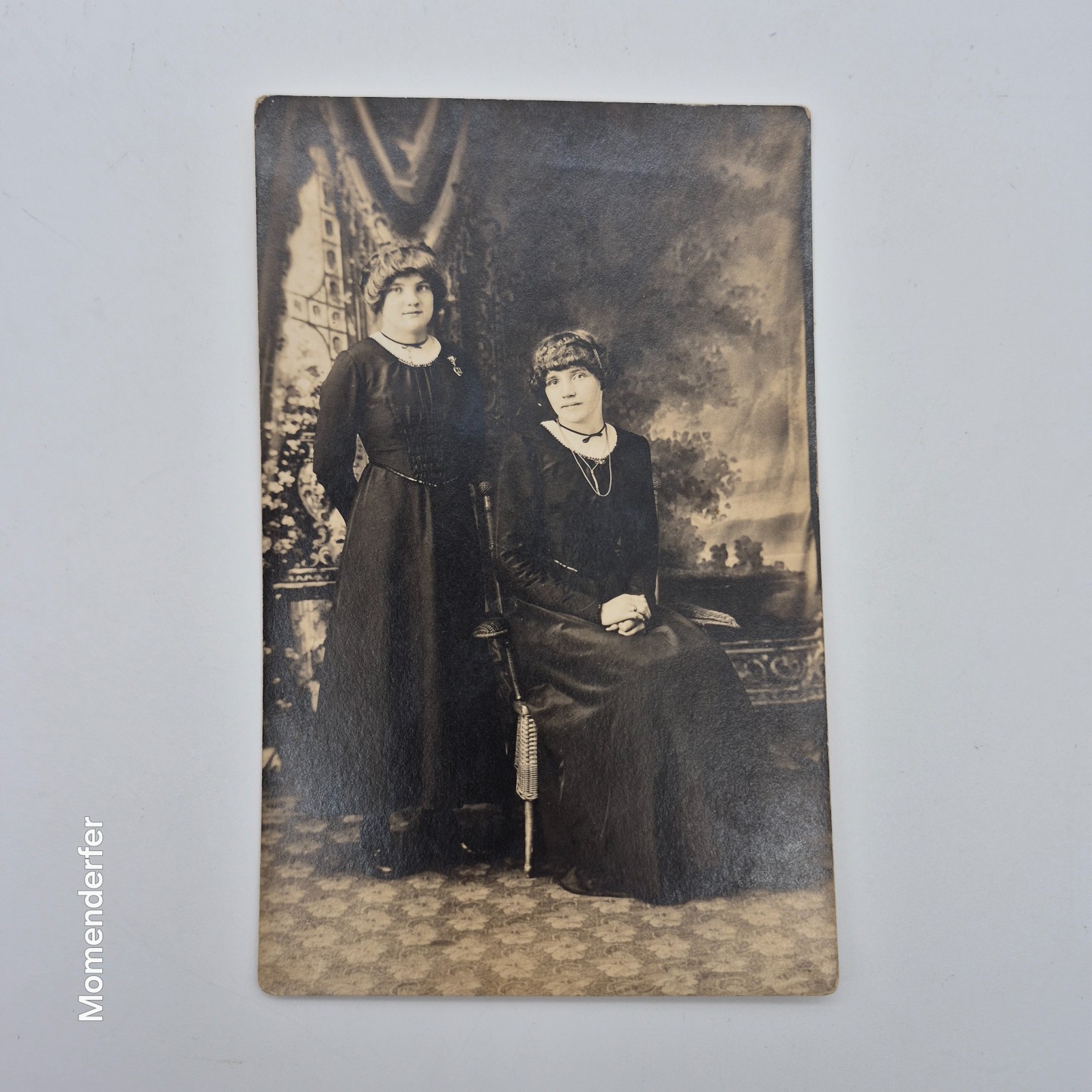 Antique RPPC Two Women Studio Portrait Dark Dresses c1910s Real Photo Postcard