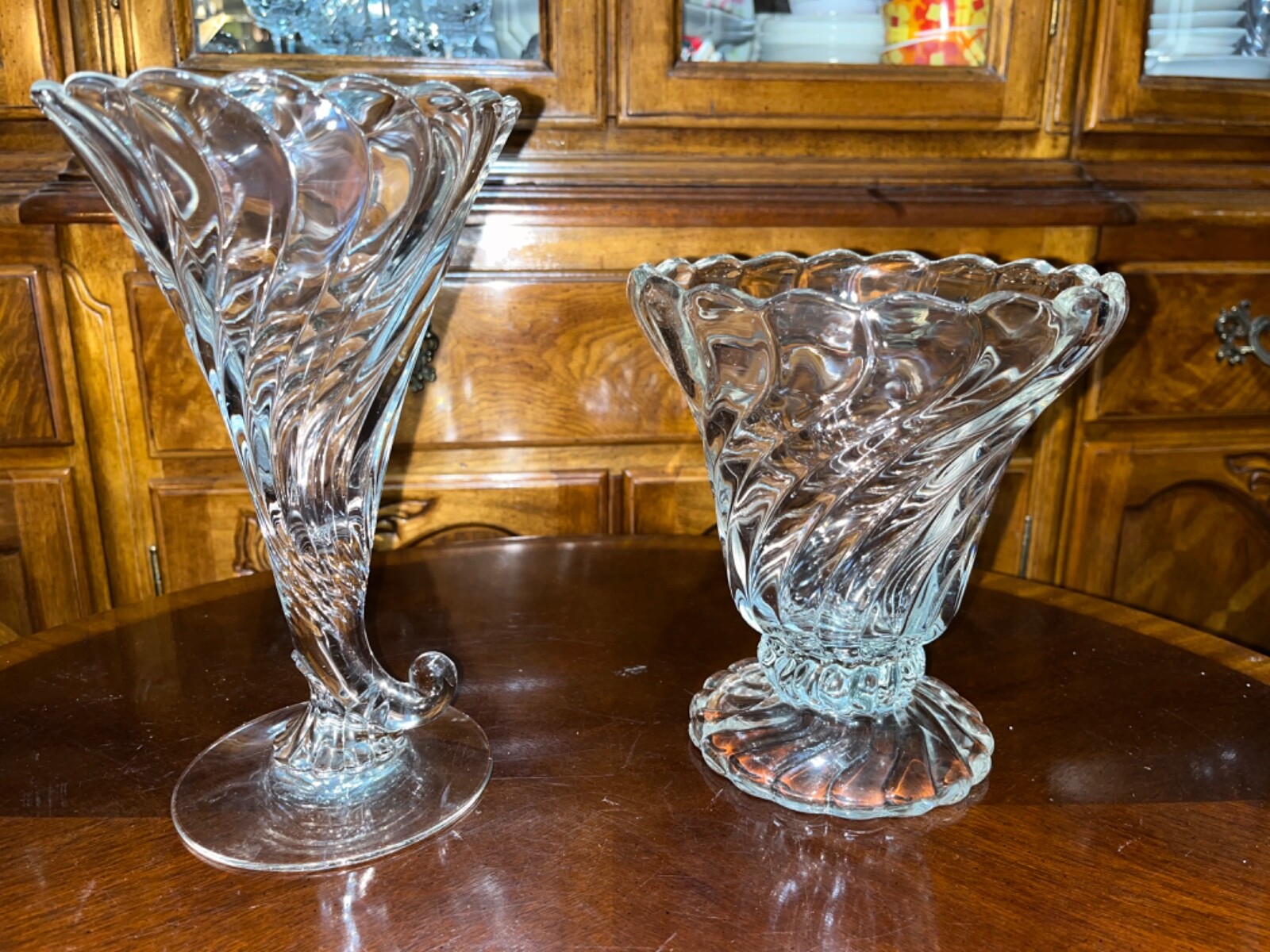 2 Vintage Vases Fostoria Crystal Colony Swirl Pattern Cornucopia & Footed Cupped