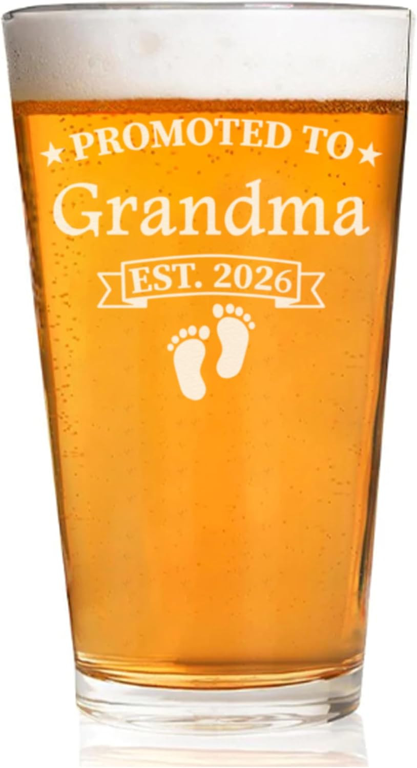 Promoted to Grandma Est 2026 Beer Glass, 16Oz Engraved Pint, New Grandparent Gif