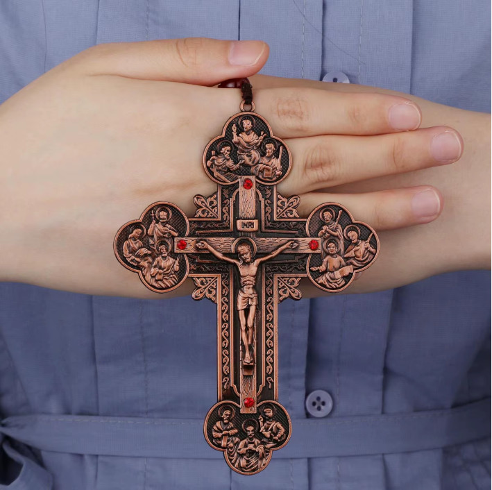 Orthodox Metal Cross Necklace Wooden Beads chain Crucifix Jesus Wooden Rosary