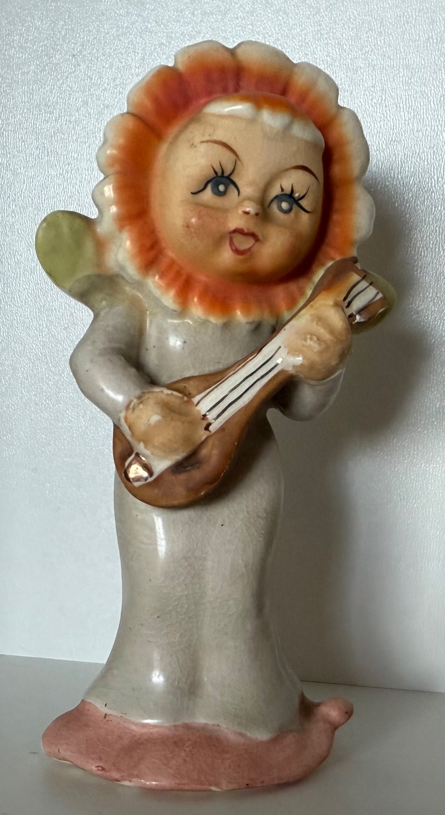 1950s Japanese Anthropomorphic Flower Angel/Pixie Playing Lute Ceramic Figurine 1950s Japanese Anthropomorphic Flower Angel/Pixie Playing Lute Ceramic Figurine