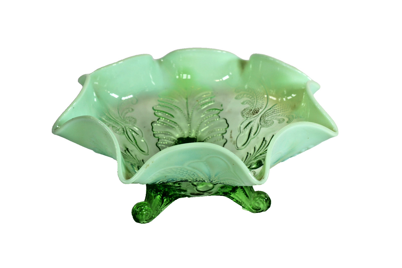 Antique Depression Glass Candy Dish Footed Bowl Lime Green Flowers