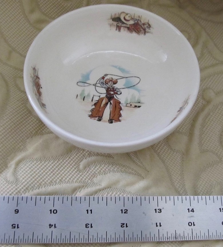 c1950s Homer Laughlin Rhythm Western Ranch Bunkhouse Cowboy Bowl 5.25 c1950s Homer Laughlin Rhythm Western Ranch Bunkhouse Cowboy Bowl 5.25