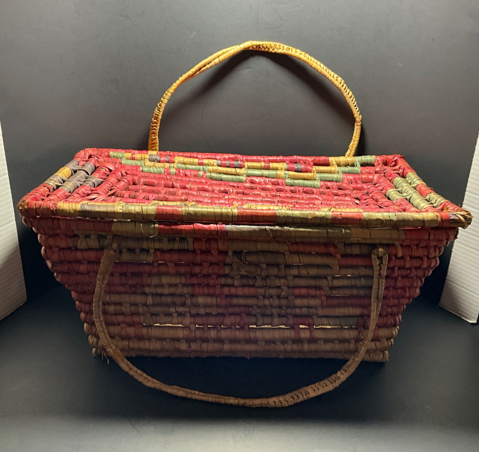 Handmade Woven Palm Coil Basket Handles & Hinged Lid 20\ Handmade Woven Palm Coil Basket Handles & Hinged Lid 20\