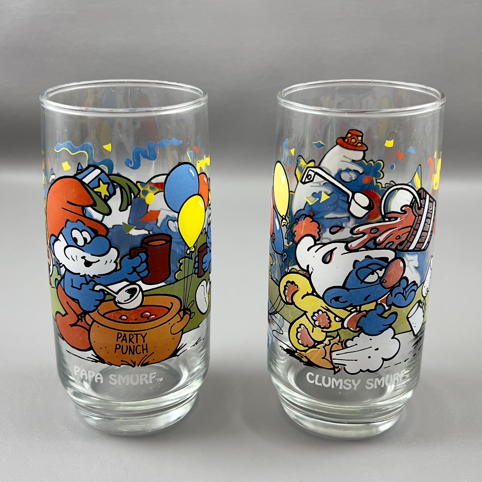 Vintage Papa Smurf Clumsy Smurf Drinking Glasses 1983 Peyo Libbey Vintage Papa Smurf Clumsy Smurf Drinking Glasses 1983 Peyo Libbey
