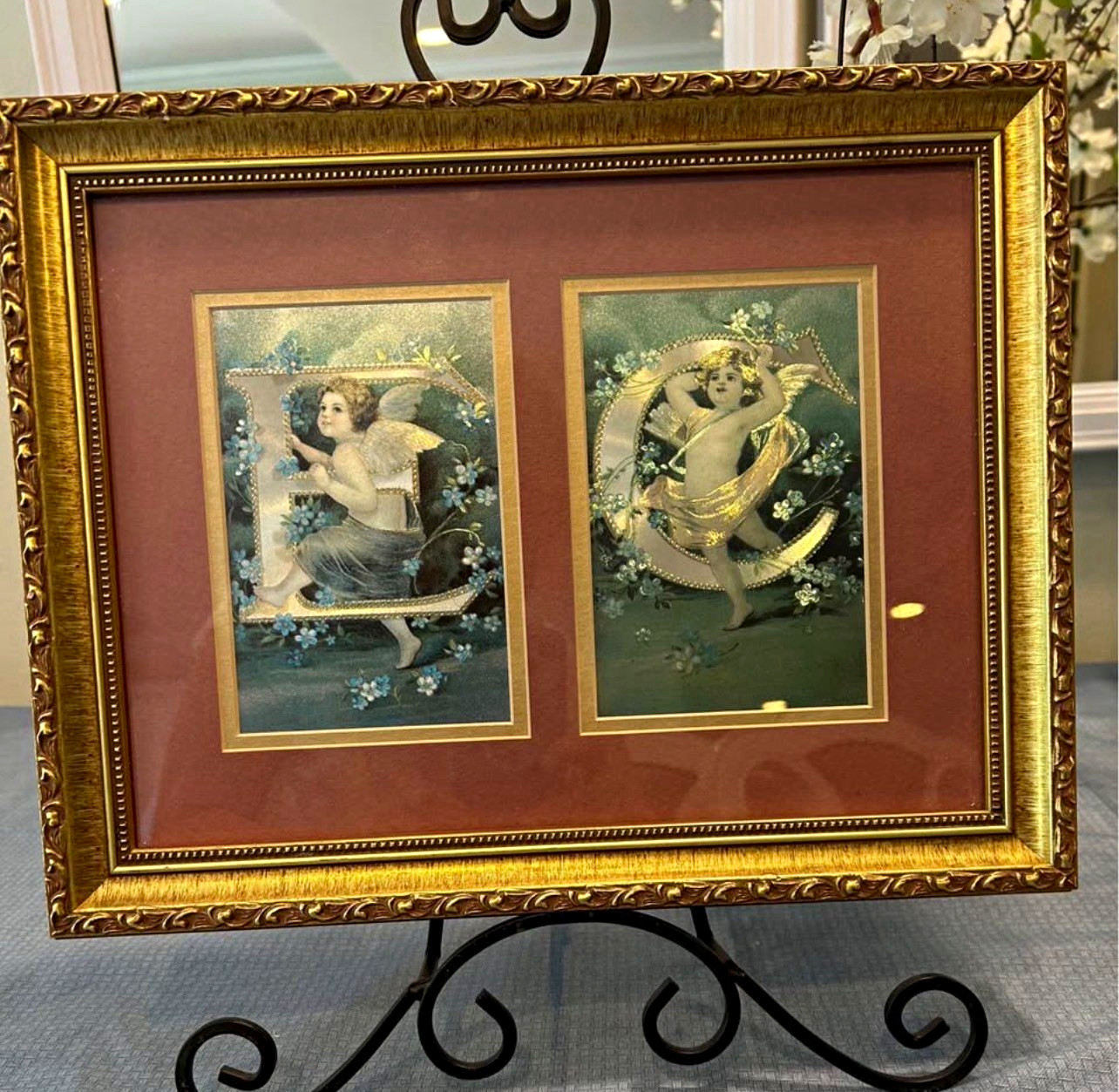 14x11 Gallery Framed Matted Double Print Wall Art Gold Frame Burgundy Mat