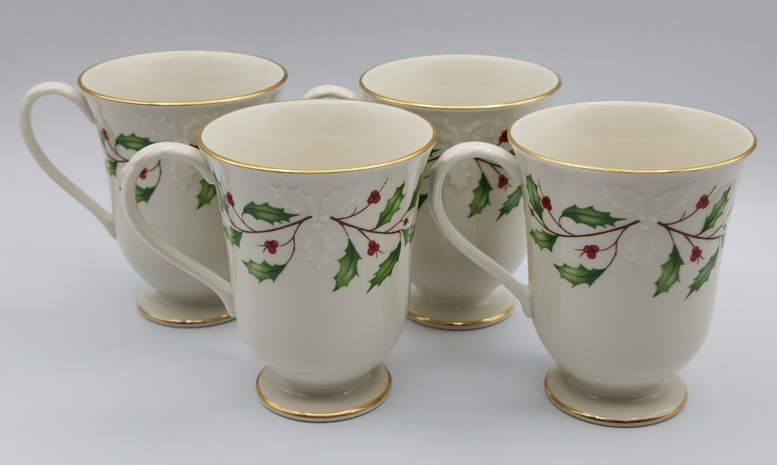 Lenox Holiday Dimension Embossed Footed Mugs Set of 4 Carved Accent Mugs