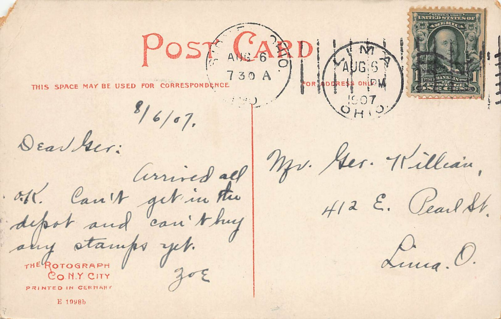 Sidney & Ohio 1907 RPO Railroad 1c Franklin Stamp 12 Perf Vtg Postcard Y10