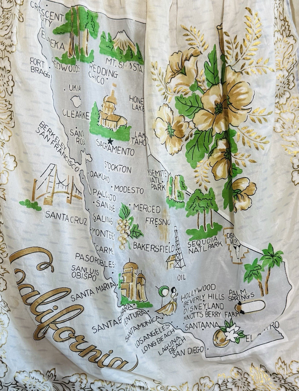 Vintage 1950s California Map Half Apron Souvenir Cream Gold Nylon Organza