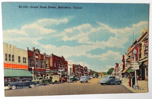 C 1951 BELVIDERE IL Postcard SOUTH STATE STREET STOREFRONTS CARS DELIVERY TRUCKS