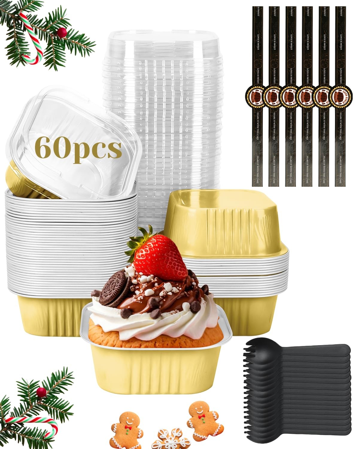 YQER 60 Pack 10oz Mini Cake Pans with Lids, Spoons, Stickers - 10oz, Gold