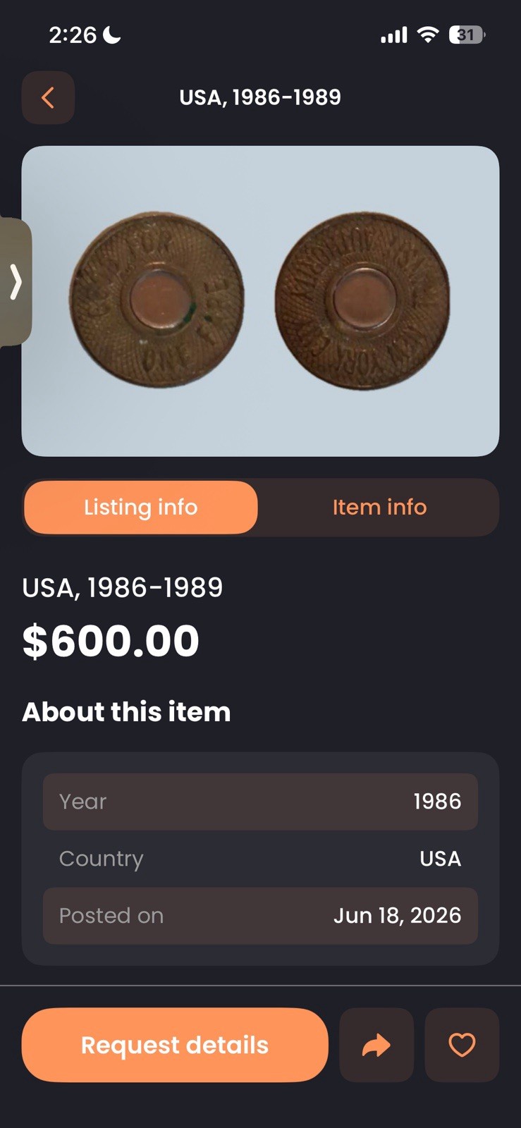 1986-1989 Transportation Coin New York