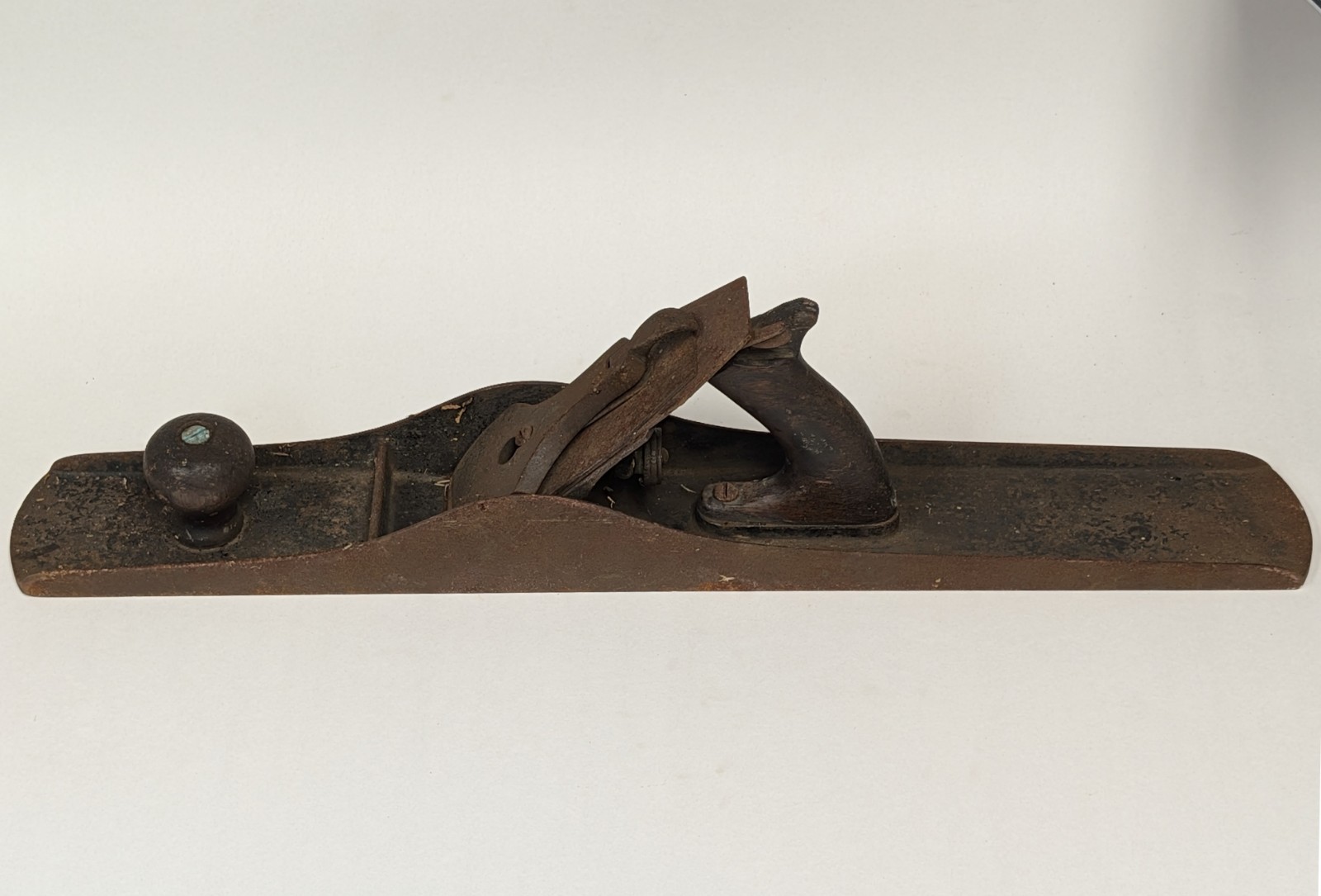 Antique Unmarked Cast Iron Jointer Plane 21 in Wooden Tote Knob Lever Cap Rusted