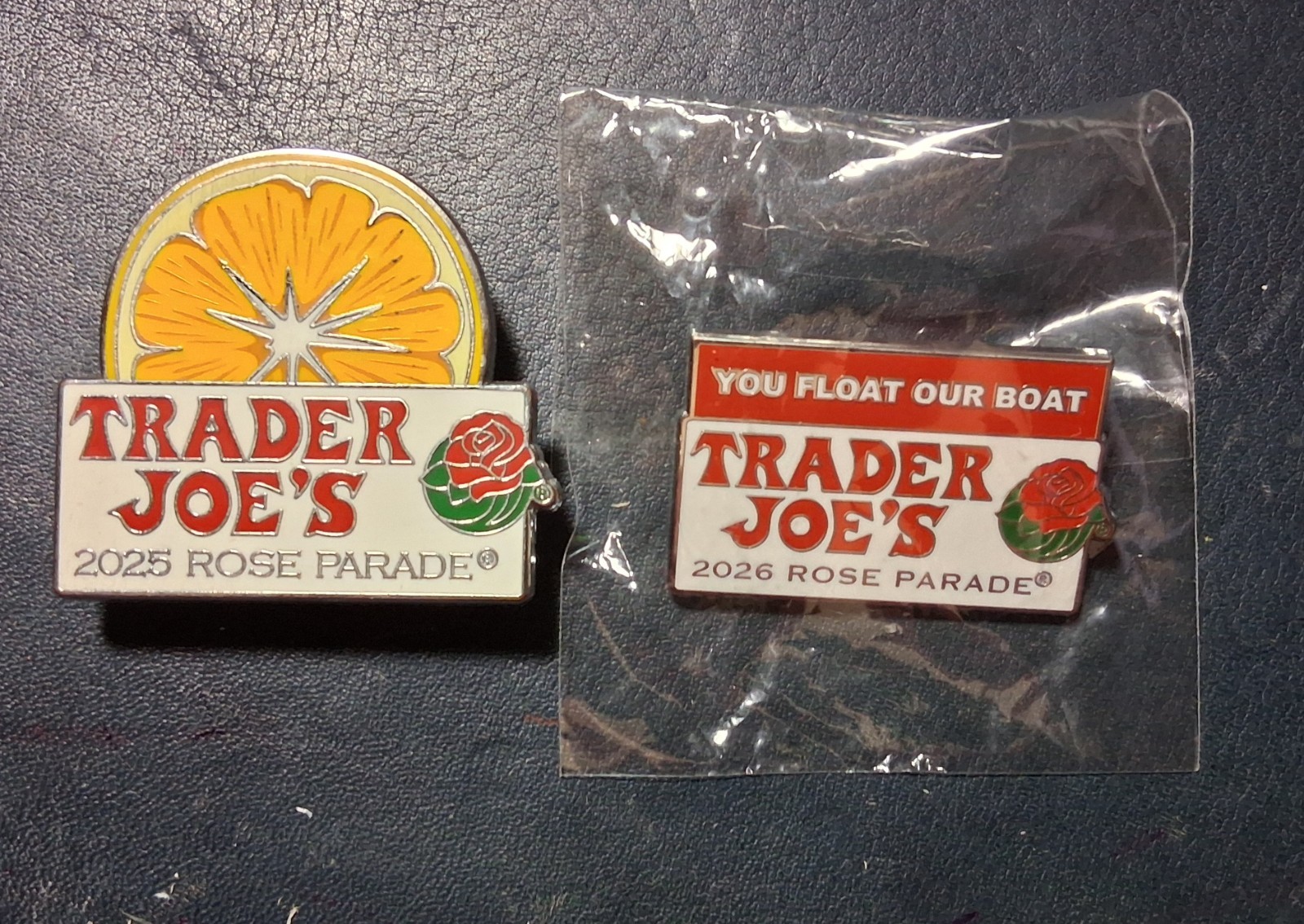 2 Trader Joe's Rose Parade 2025 Orange Slice & 2026 Rose Parade Enamel Pins