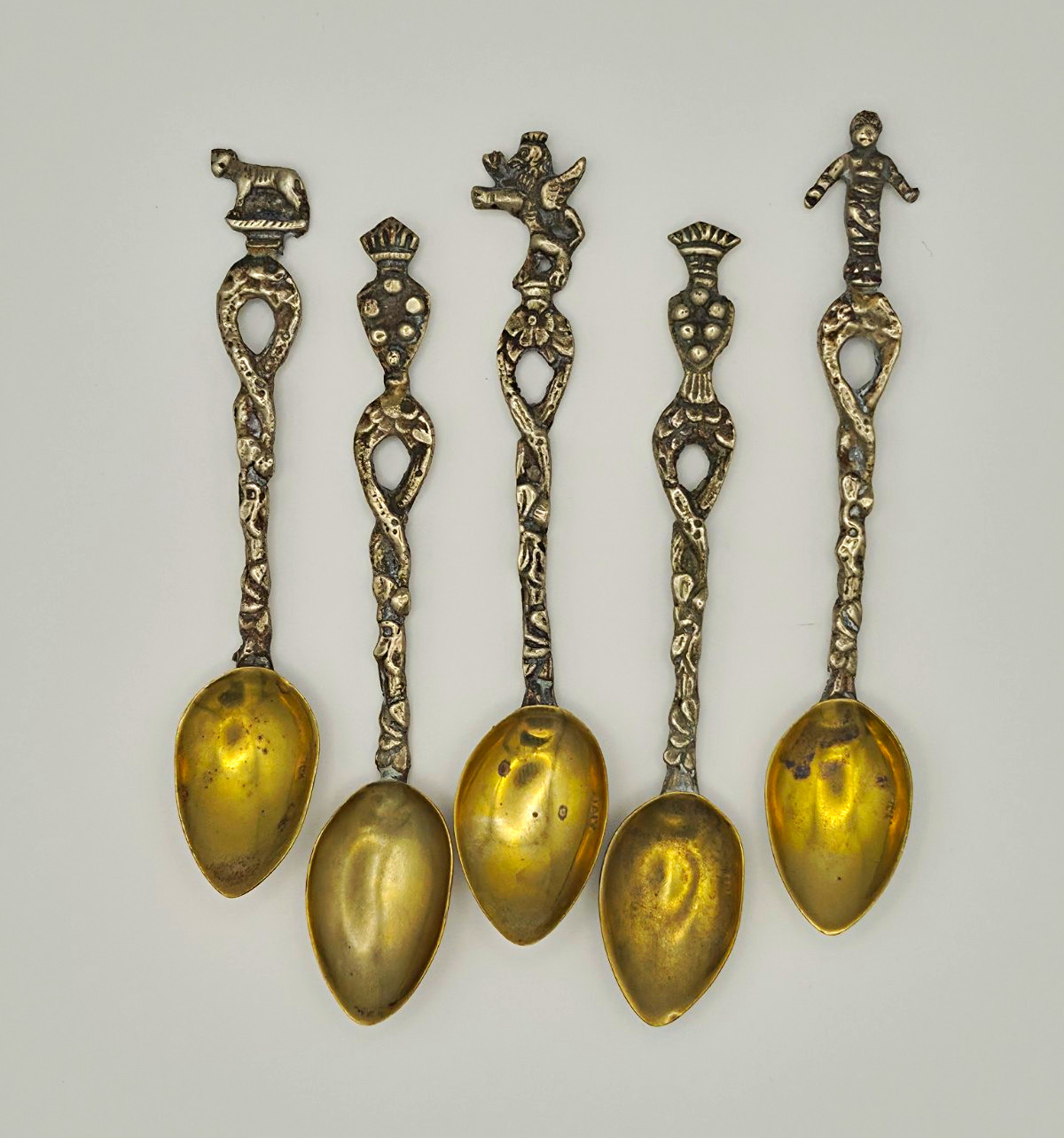 Vintage Italy Demitasse Spoons Set of 5 Fig. Silver Plate Brass Coffee Spoons