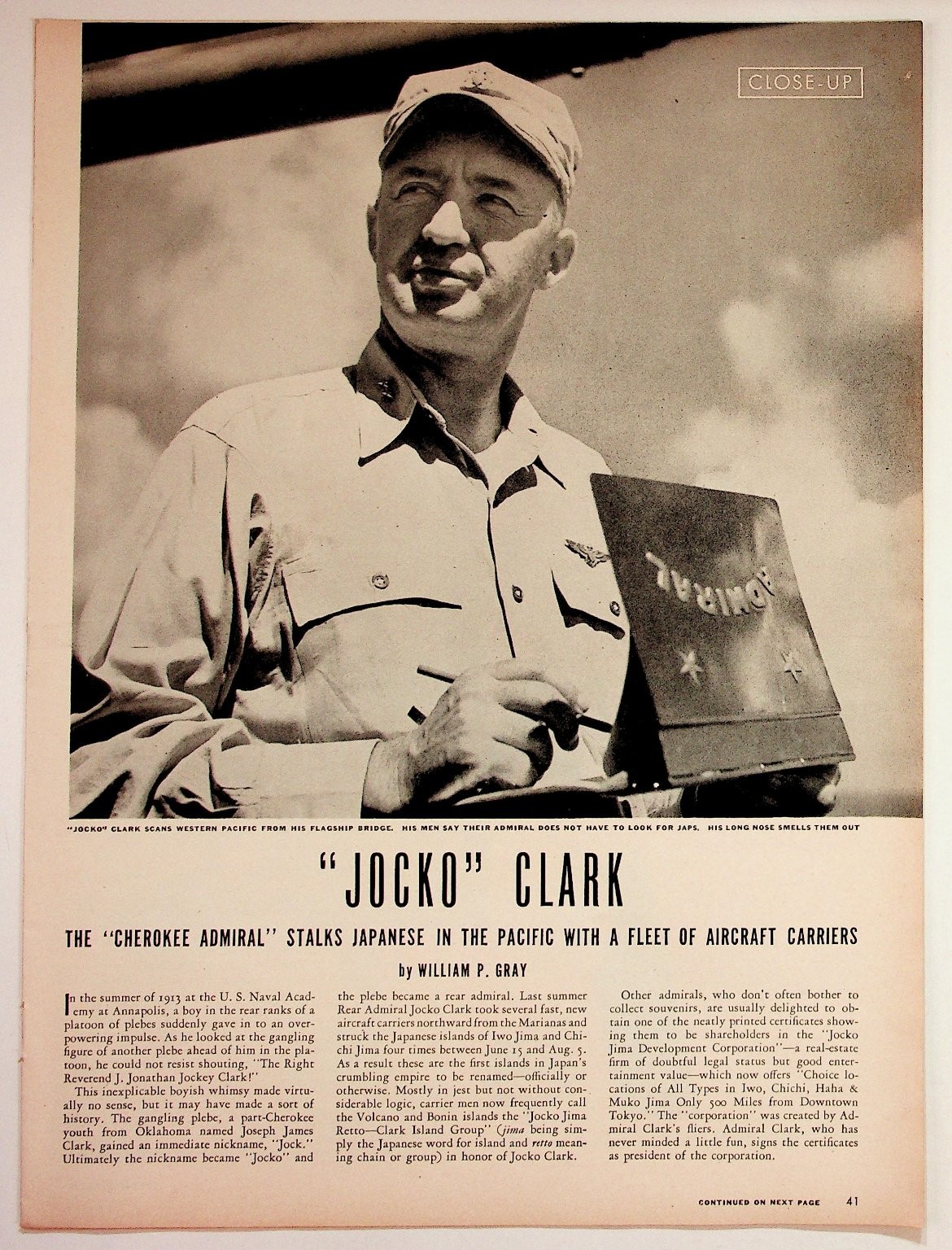 Jocko Clark WWII Admiral Cherokee Magazine Article Print 1940s US Navy
