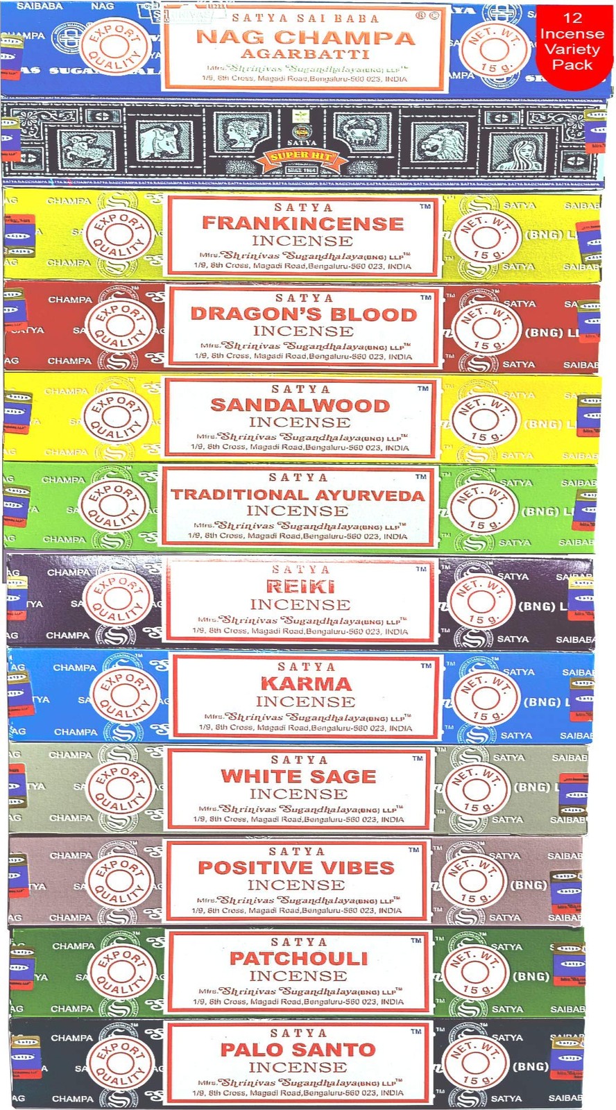 Nag Champa Incense Sticks 6.3 Ounce, Satya Bangalore: 12 Assorted Incenses Nag Champa Incense Sticks 6.3 Ounce, Satya Bangalore: 12 Assorted Incenses