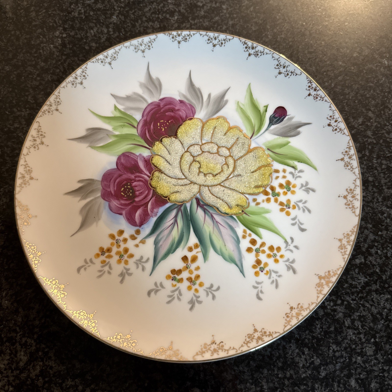 Vintage Japan Hand Painted Porcelain Rose Plate Gold Filigree Coralene Textured