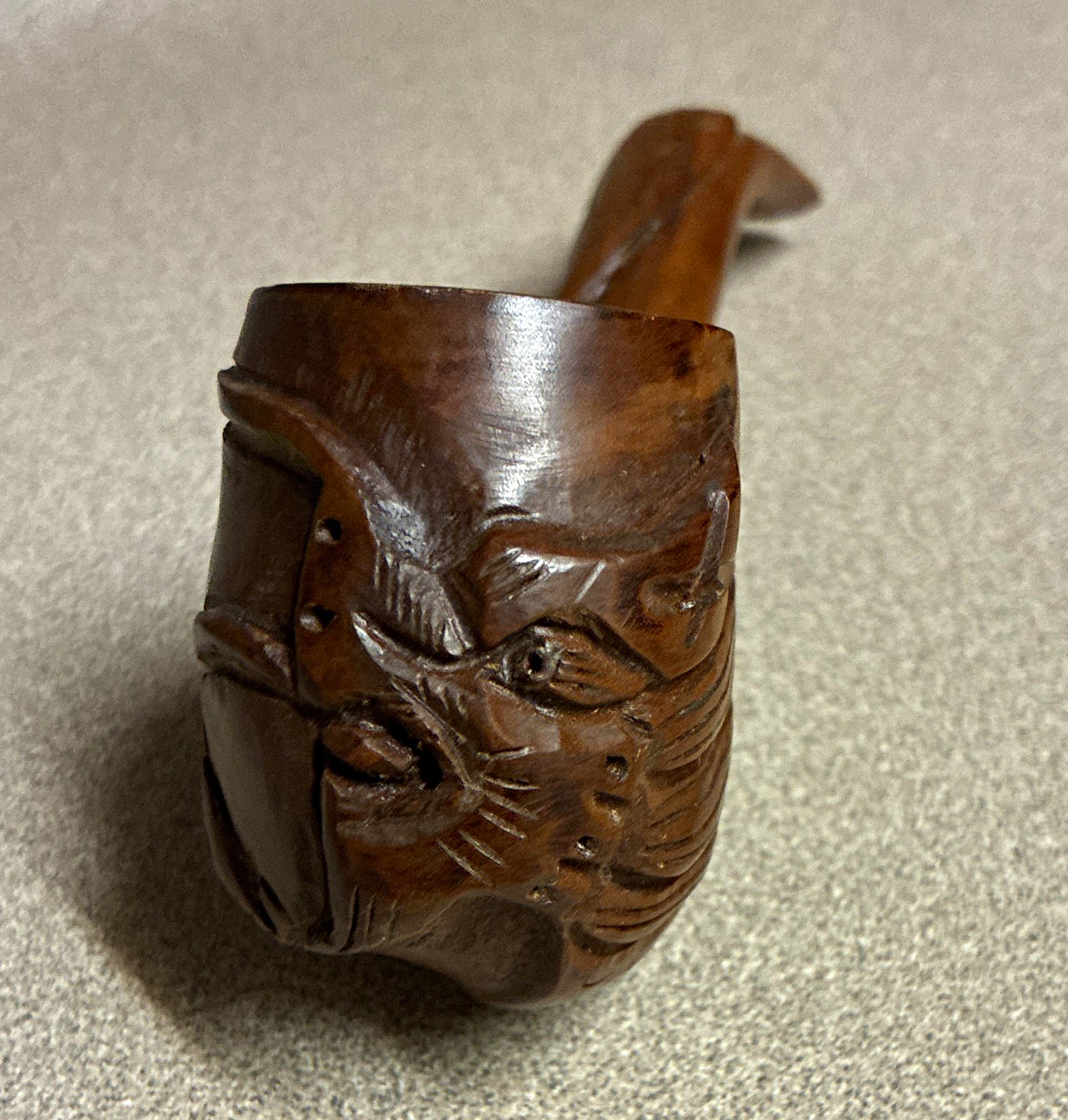 Brown Carved Wooden Tobacco Pipe, Figural Face Design Collectible