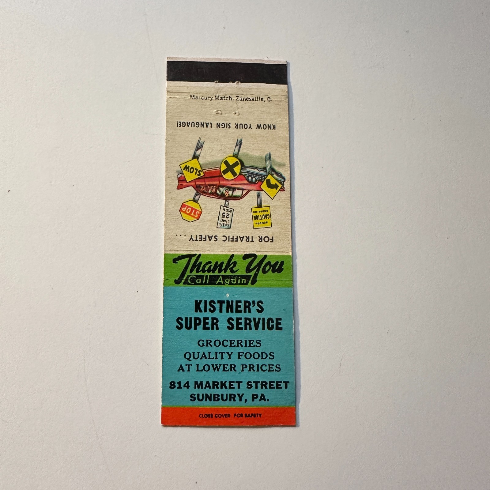 Kistner\'s Super Service Groceries Sunbury PA Vintage Matchbook Cover 5MB126-3-4