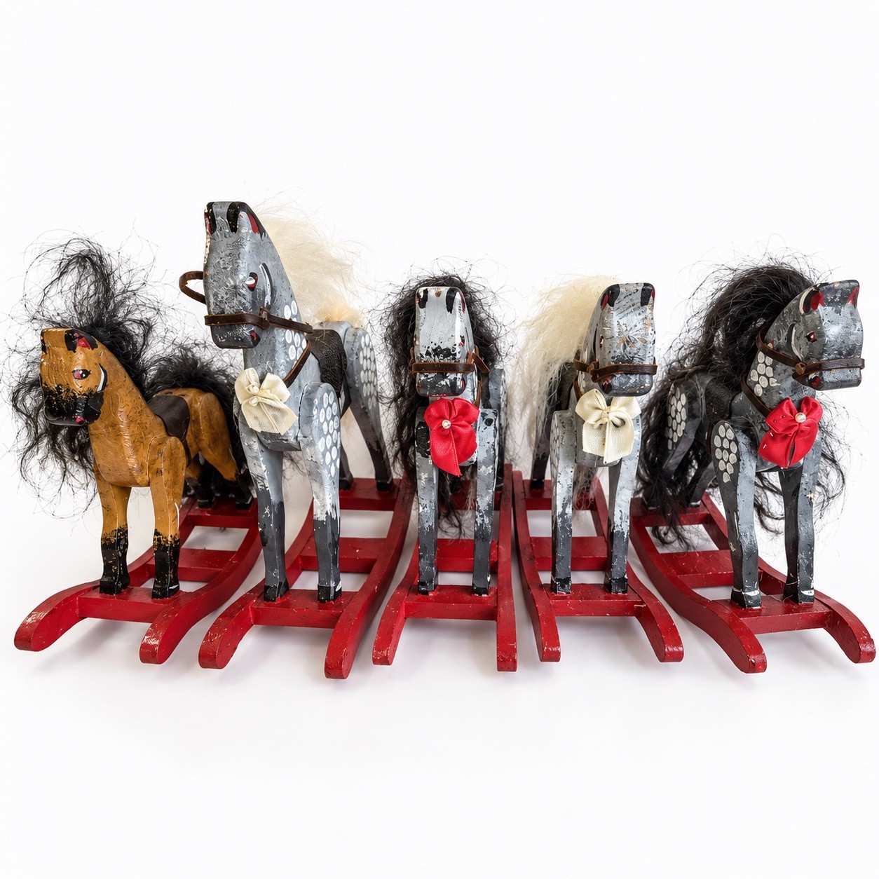 Vintage Miniature Wooden Rocking Horses Lot of 5 Hand Painted 5\