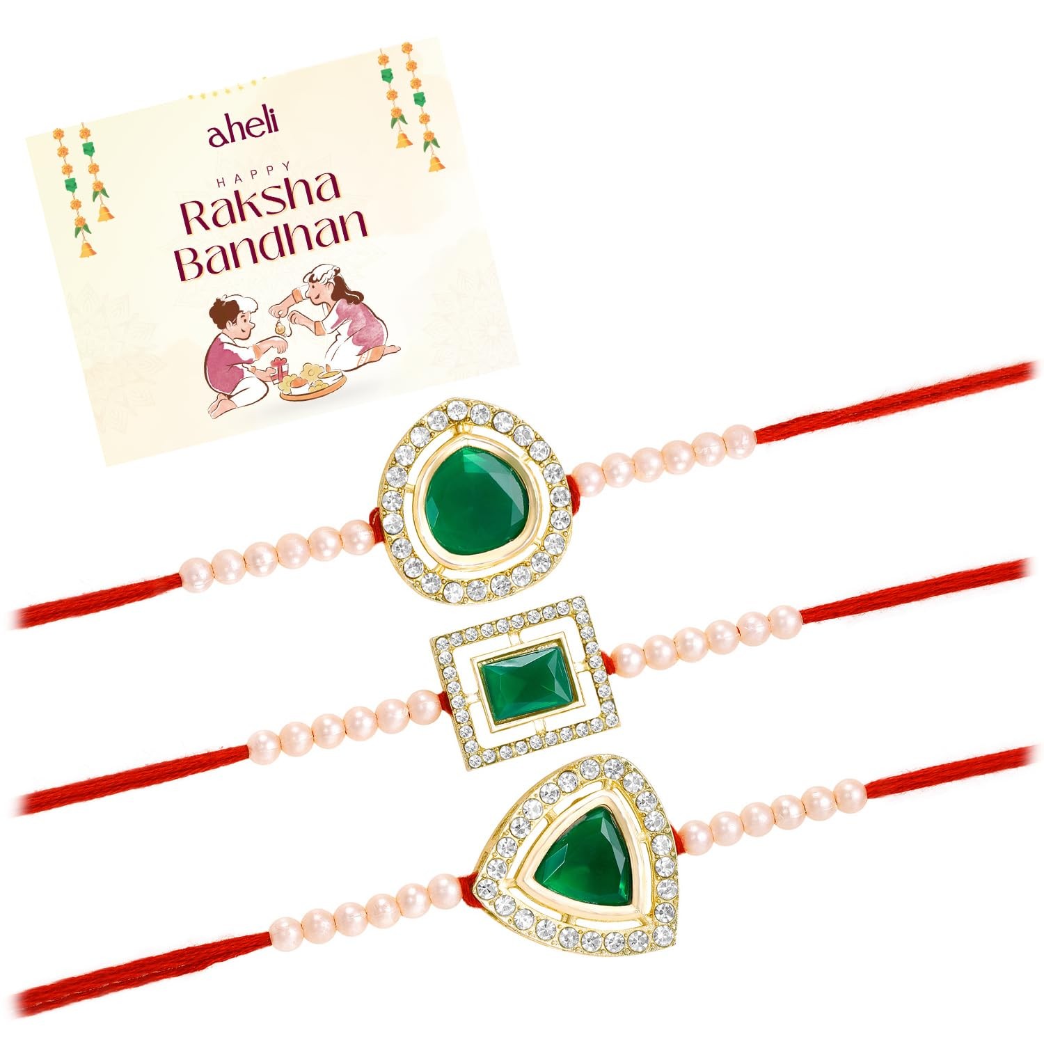 Aheli Rakhshabandhan Rakhi Set of 2 for Brother - Pearl & Red Crystal