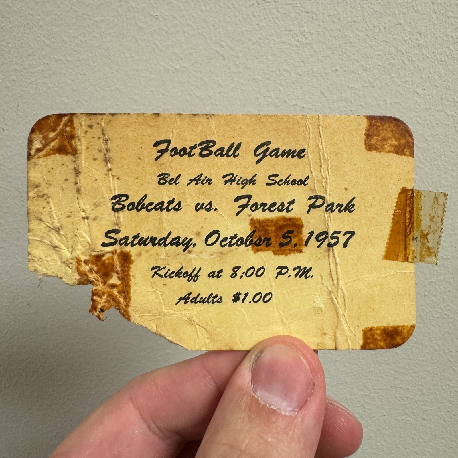 Vtg c.1950s BEL AIR HIGH SCHOOL Football Game Ticket - Bel Air, MD - 1957