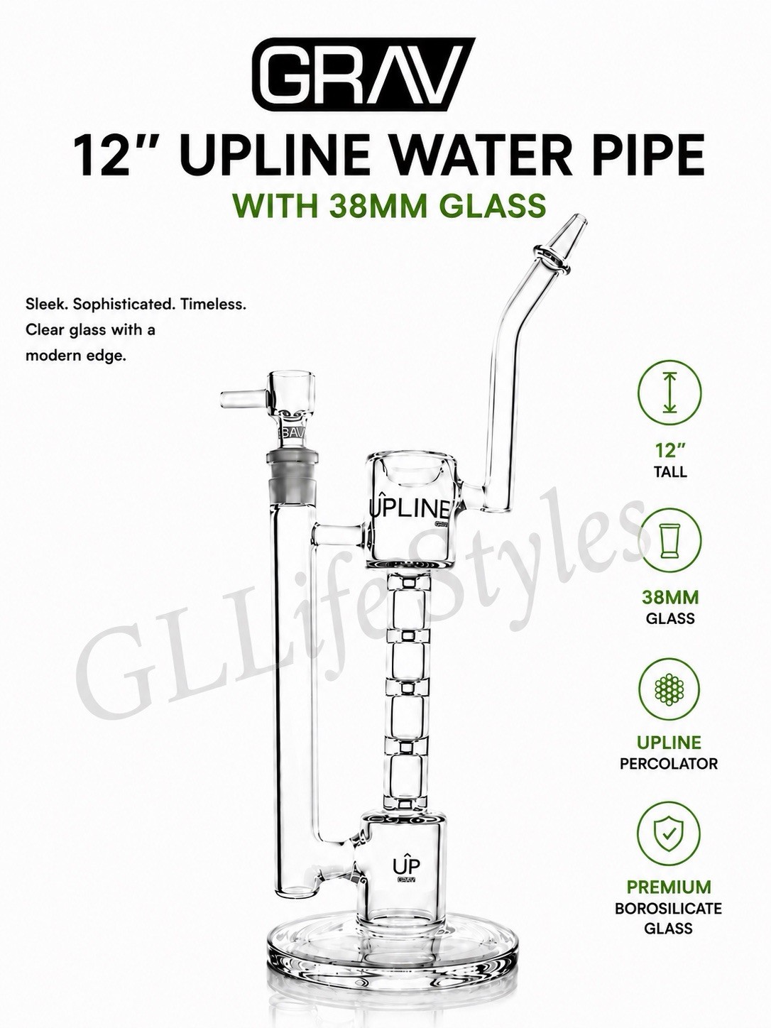 GRAV® Upline® 12” Water Pipe, Thick 38mm Glass Tubing, Bubbler Chambers Cool