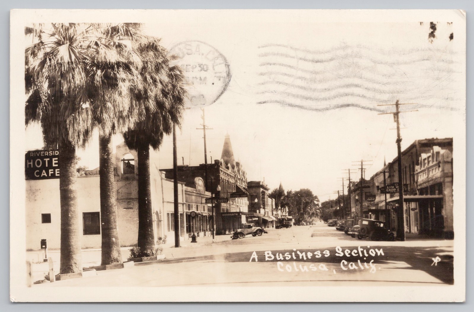 Colusa CA RPPC 5th Street Riverside Hotel Coca Cola Snappy Coffee Posted 1938