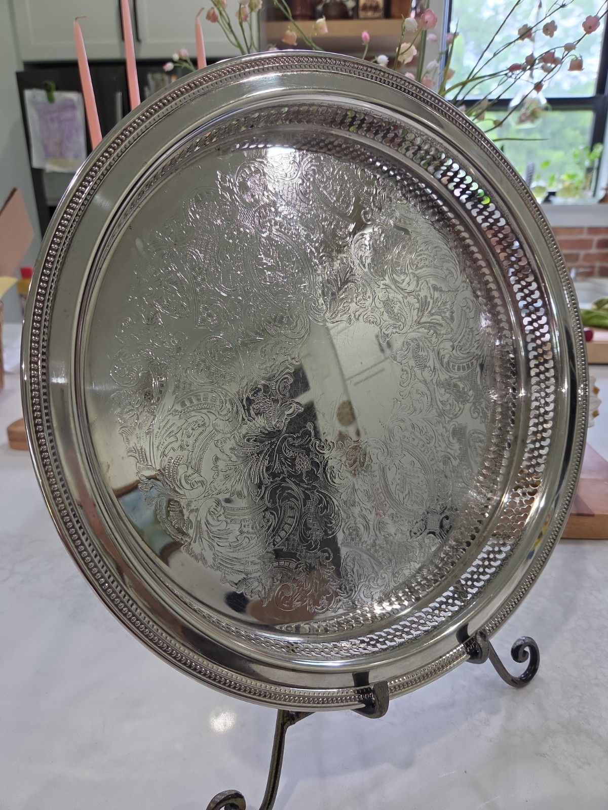 Vintage Oneida Silverplate Reticulated Pierced Round Serving Tray Etched Design 