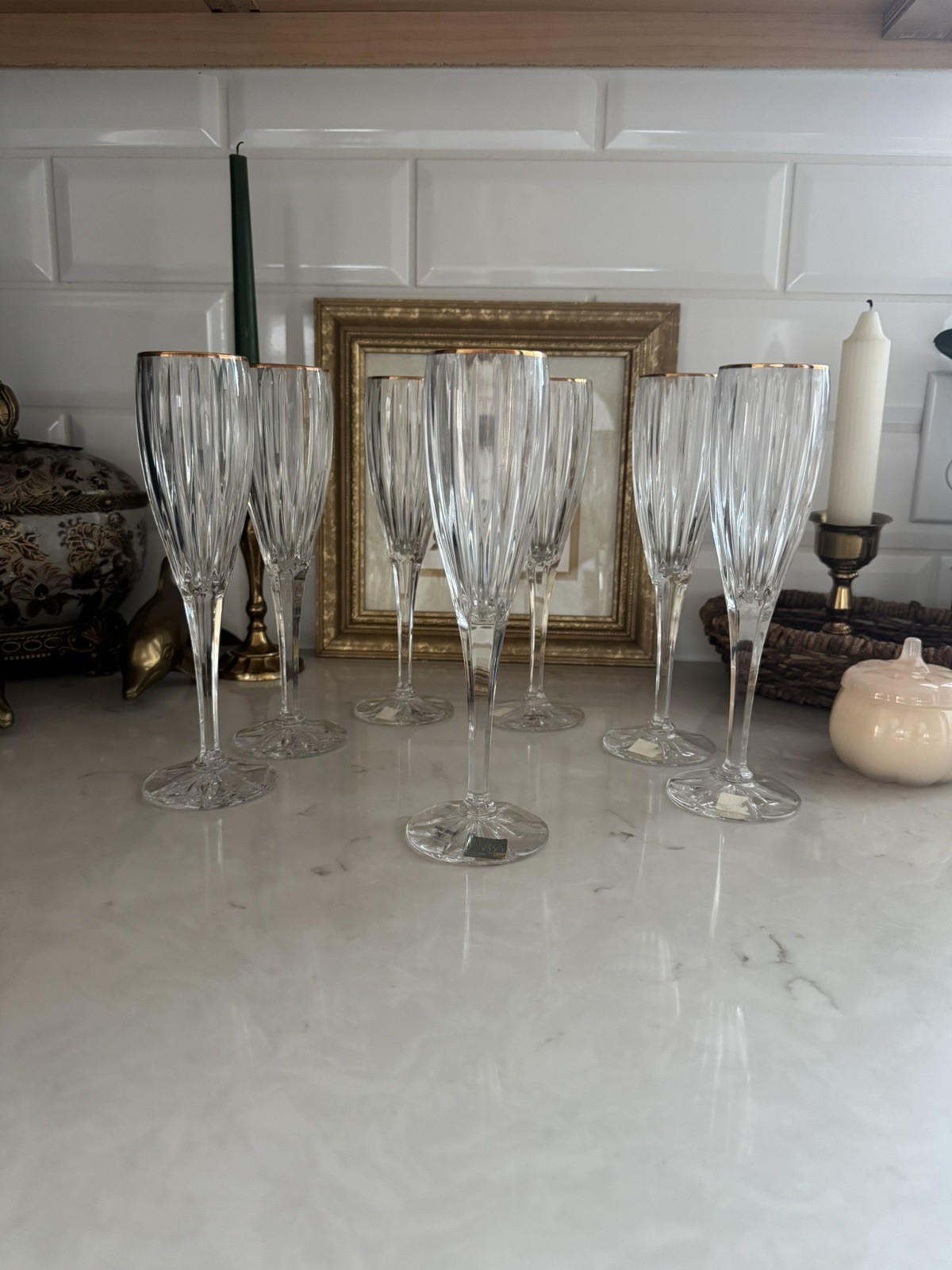 Mikasa Golden Tiara Gold Rim Champagne Flutes ~ Unused Set of 7