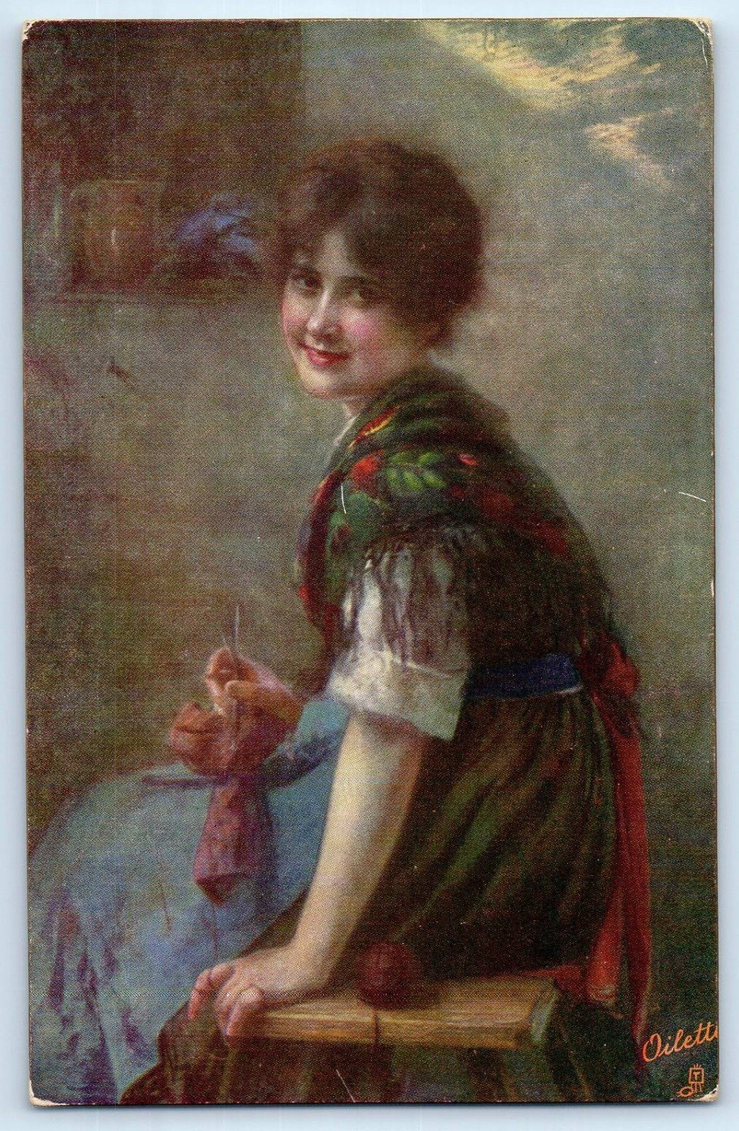c1910's Smiling Pretty Woman Knitting Oilette Tuck Unposted Antique Postcard c1910's Smiling Pretty Woman Knitting Oilette Tuck Unposted Antique Postcard