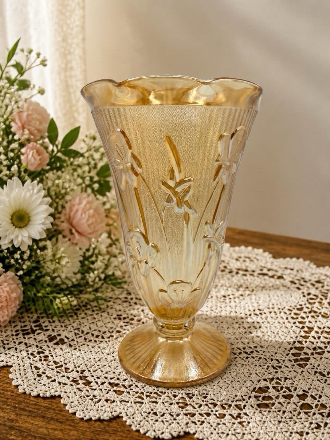 1950\'s Jeannette Glass Marigold Carnival Iris Herringbone Iridescent  Vase VTG