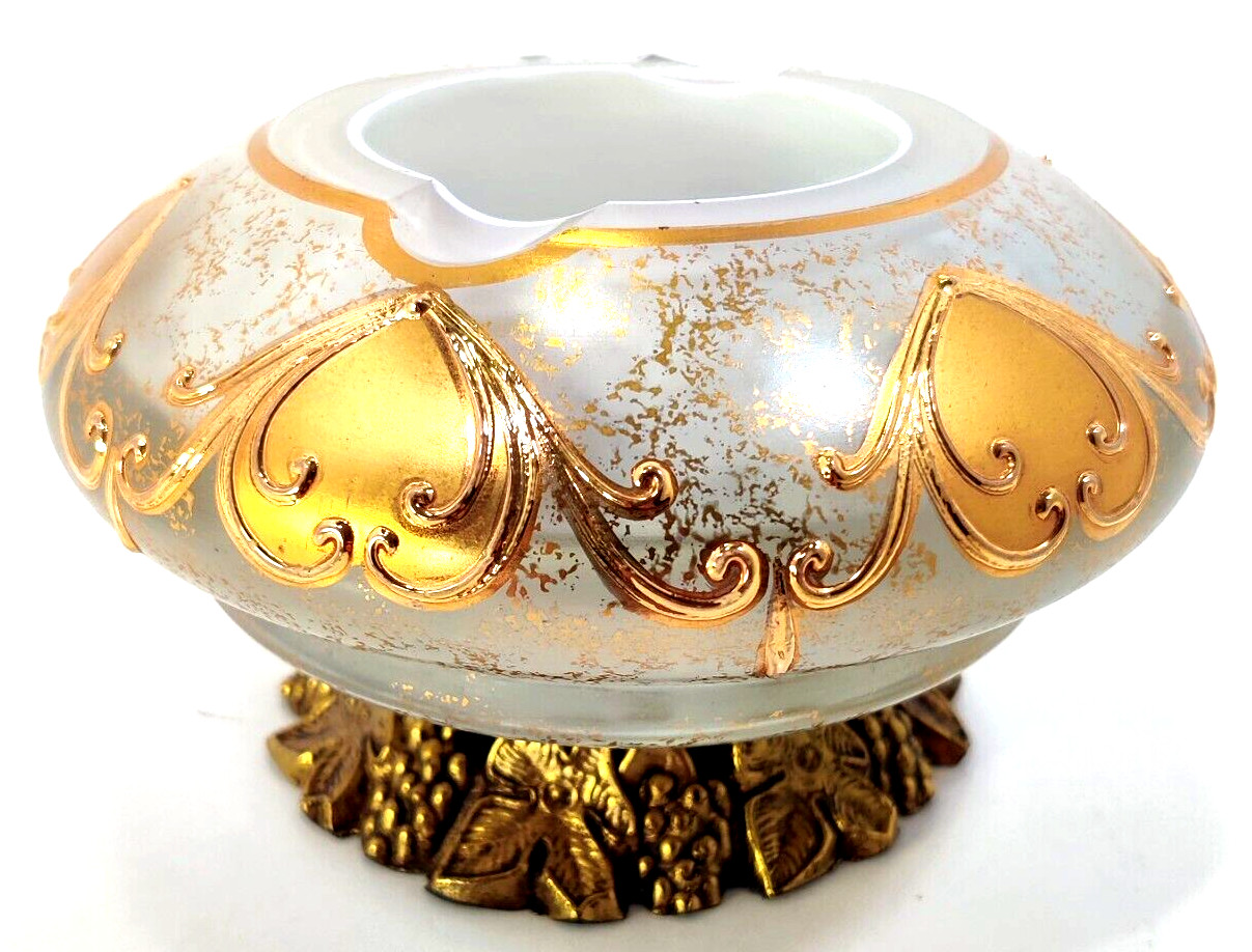 VINTAGE ART DECO ASHTRAY BOHEMIAN CZECH GOLD GILD OPALINE GLASS BRASS #311, READ