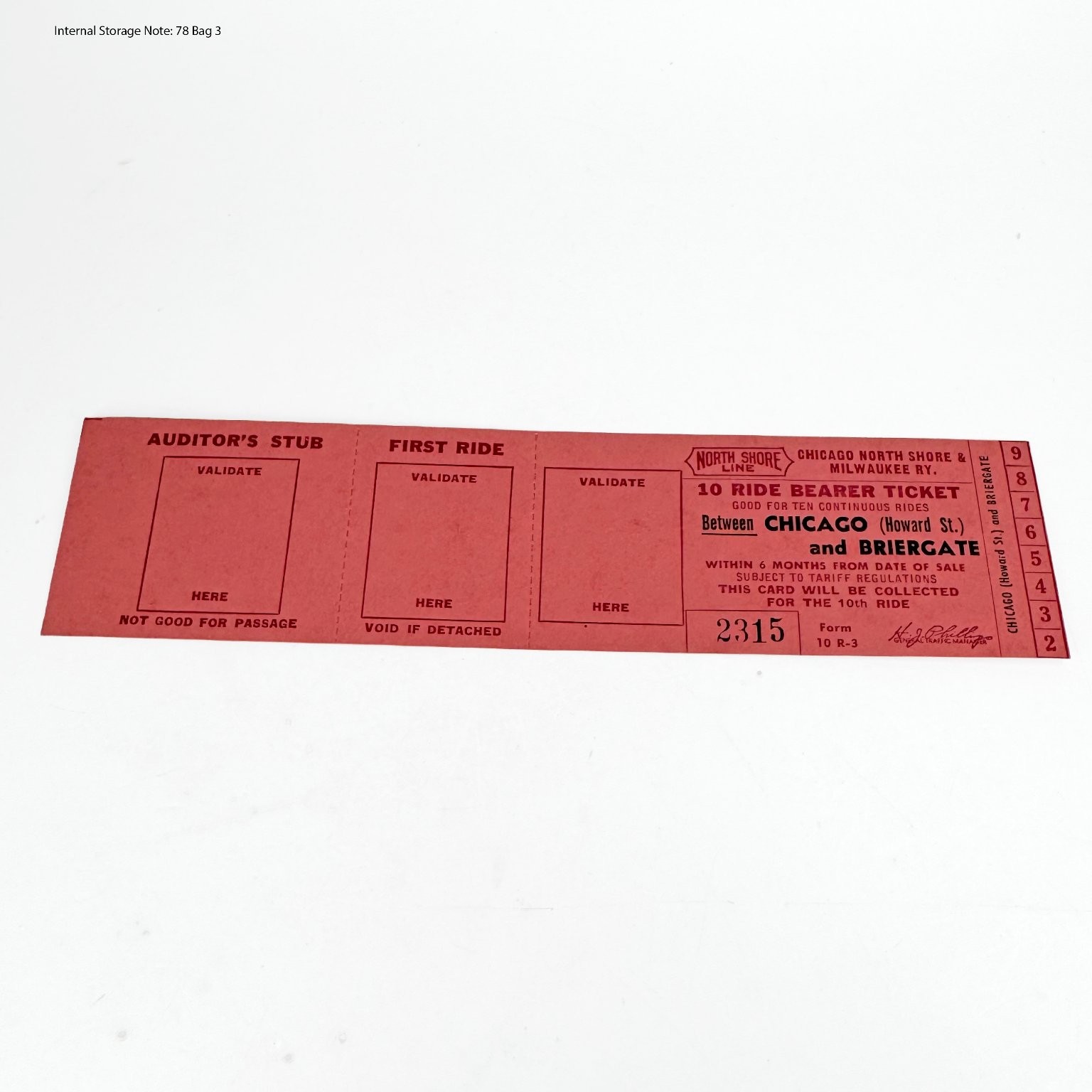 Vintage North Shore Line 10 Ride Bearer Ticket Chicago Briergate Form 10 R-3