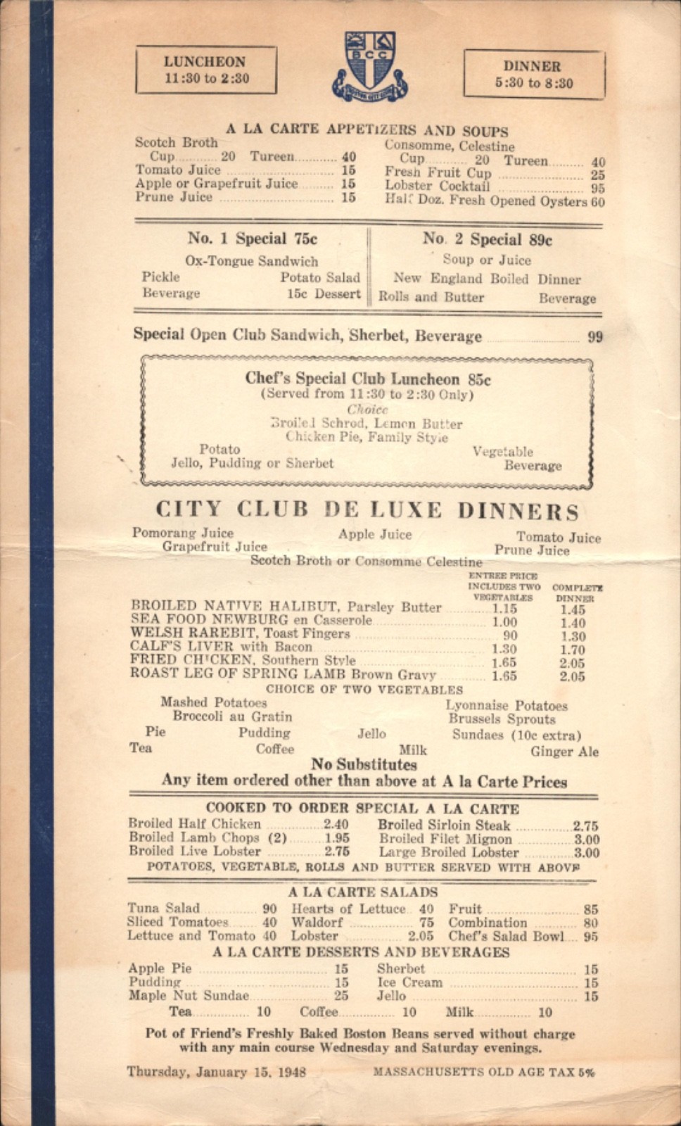 1948 BOSTON CITY CLUB vintage dinner menu MASSACHUSETTS CIVIC ORGANIZATION