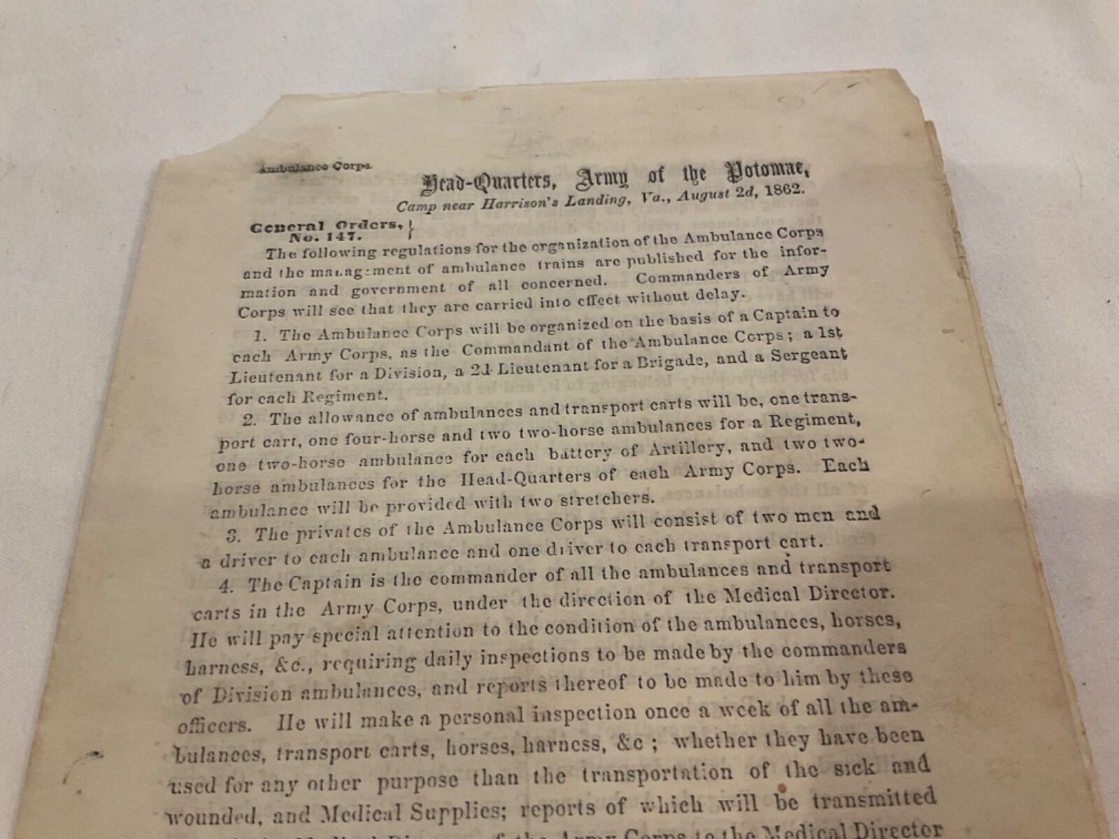 1031 AMBULANCE CORP CIVIL WAR HARRISON’S LANDING VIRGINIA ARMY OF POTOMAC ORDER