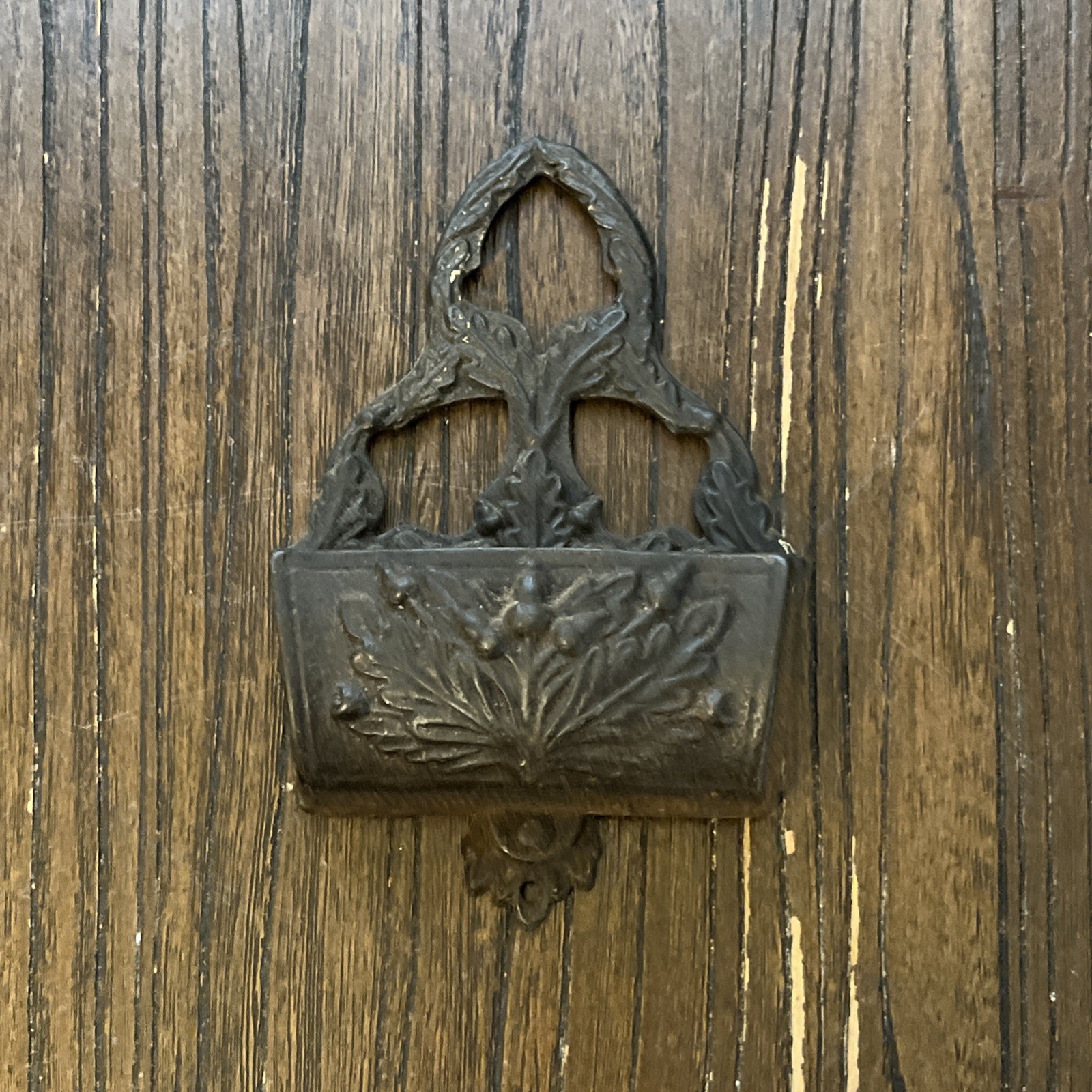Vtg Black Ornate Cast Iron Wall Mount Match Box Holder Rustic Cottage Farmhouse